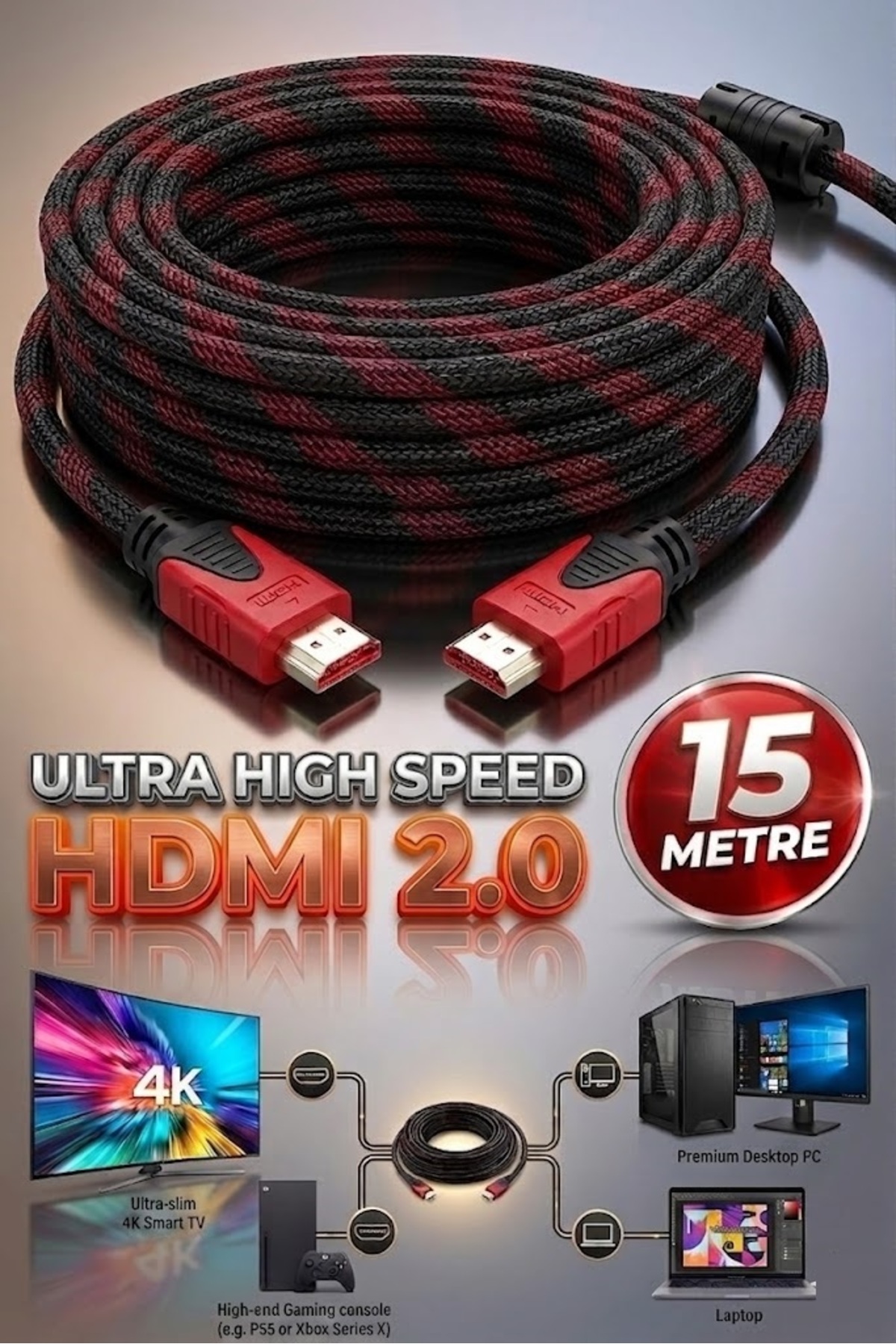 15 Metre HDMI 1.4 Örgülü Kablo Sargılı HDTV HDMI Kablo 1080p Hdmı Uyumlu Hdmı Dijital Kablo Tv Bilgisayar Yüksek Hızlı Hd Kablo
