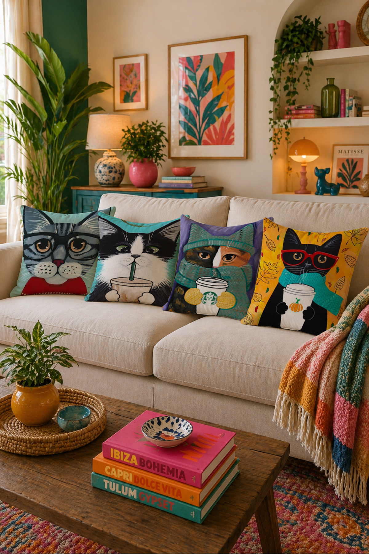 Colorful Cute Cat Printed 4-Piece Pillow Case 43x43 Double Sided Printed