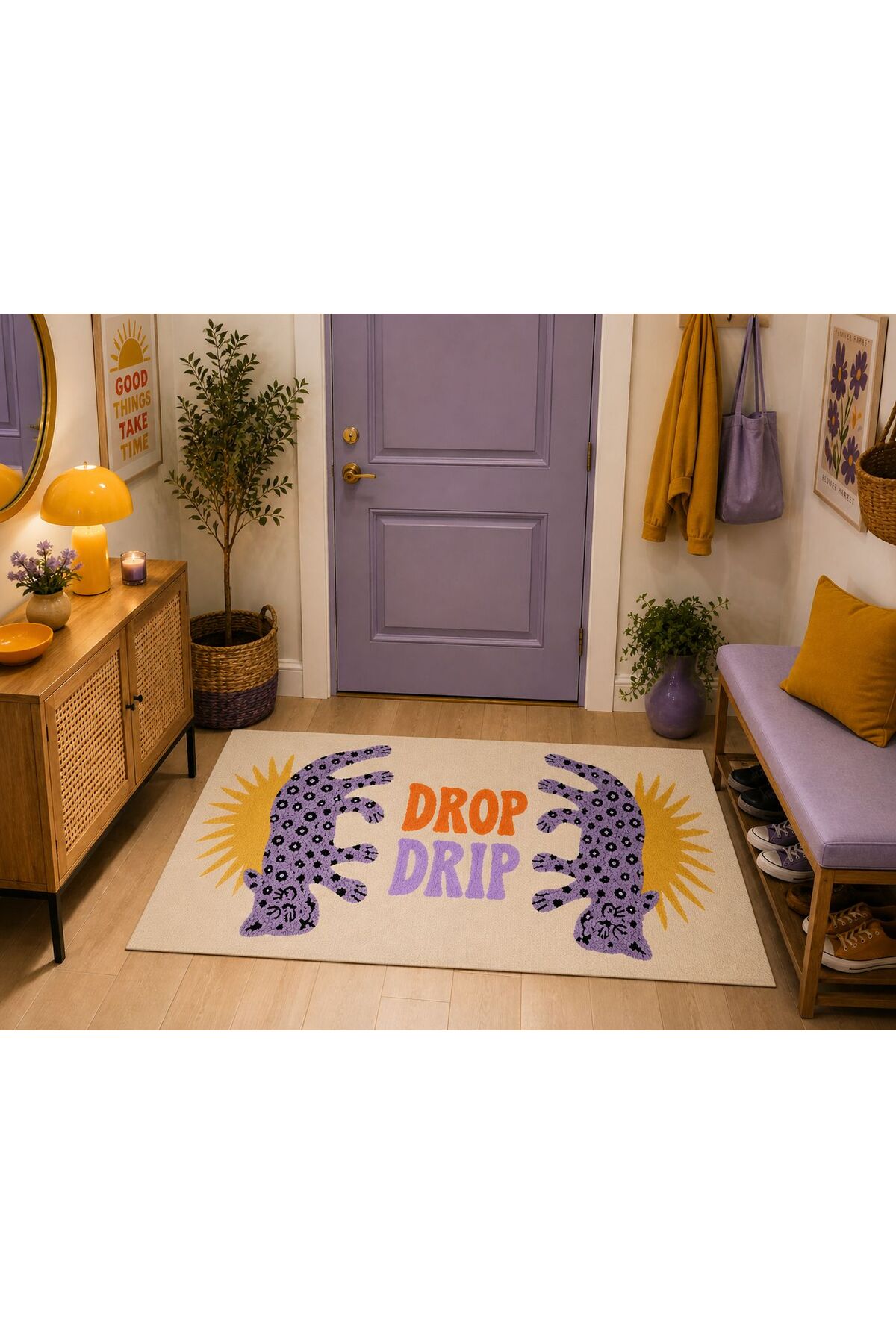 "Aura" Series - Cream Purple Modern Woven Base Decorative Carpet with Drop Drip Printed Leopard Figure aura24