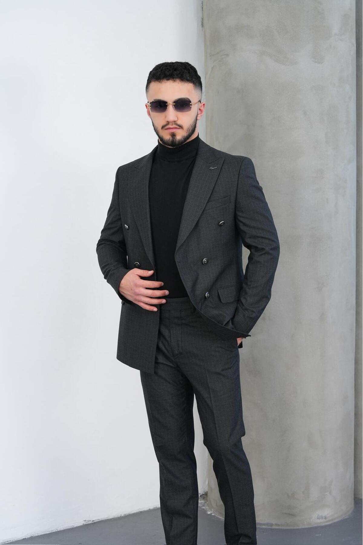 Dupont Slim Fit Erkek Sivri Yaka Çizgili Kruvaze Takım Elbise görsel 5