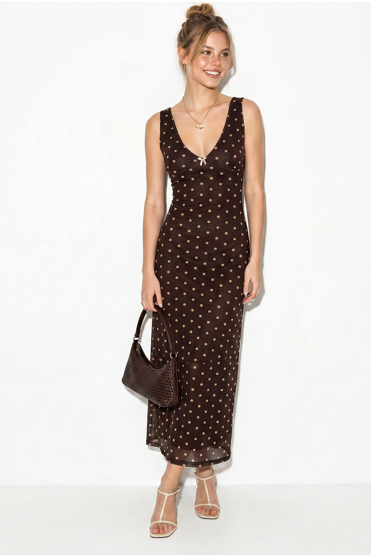 Bianco Lucci Women's V-Neck Lined Polka Dot Tulle Maxi Dress 8004 60286265