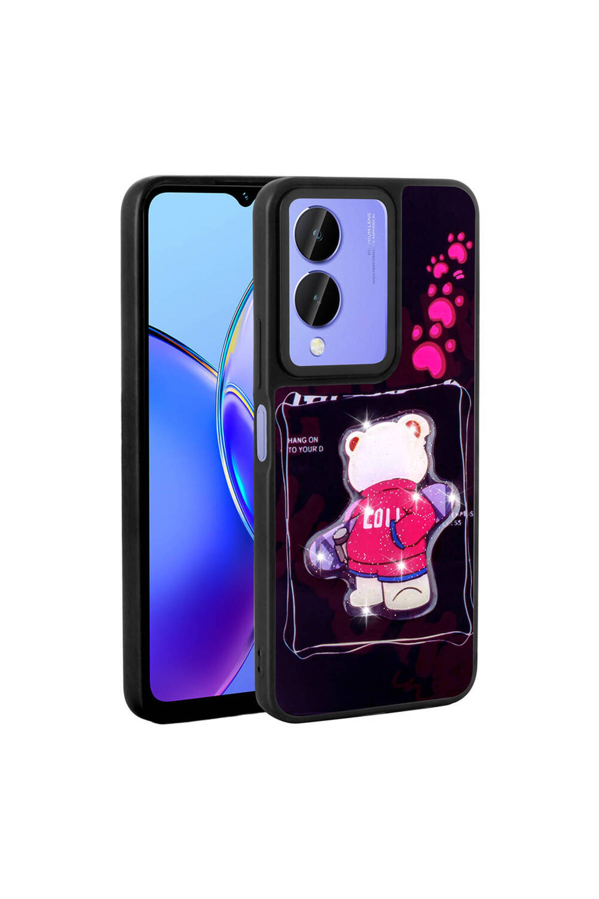 Vivo Y17S Kılıf Parlayan Kabartmalı İkonik Figürlü HNZM Amas Silikon Kapak - Siyah