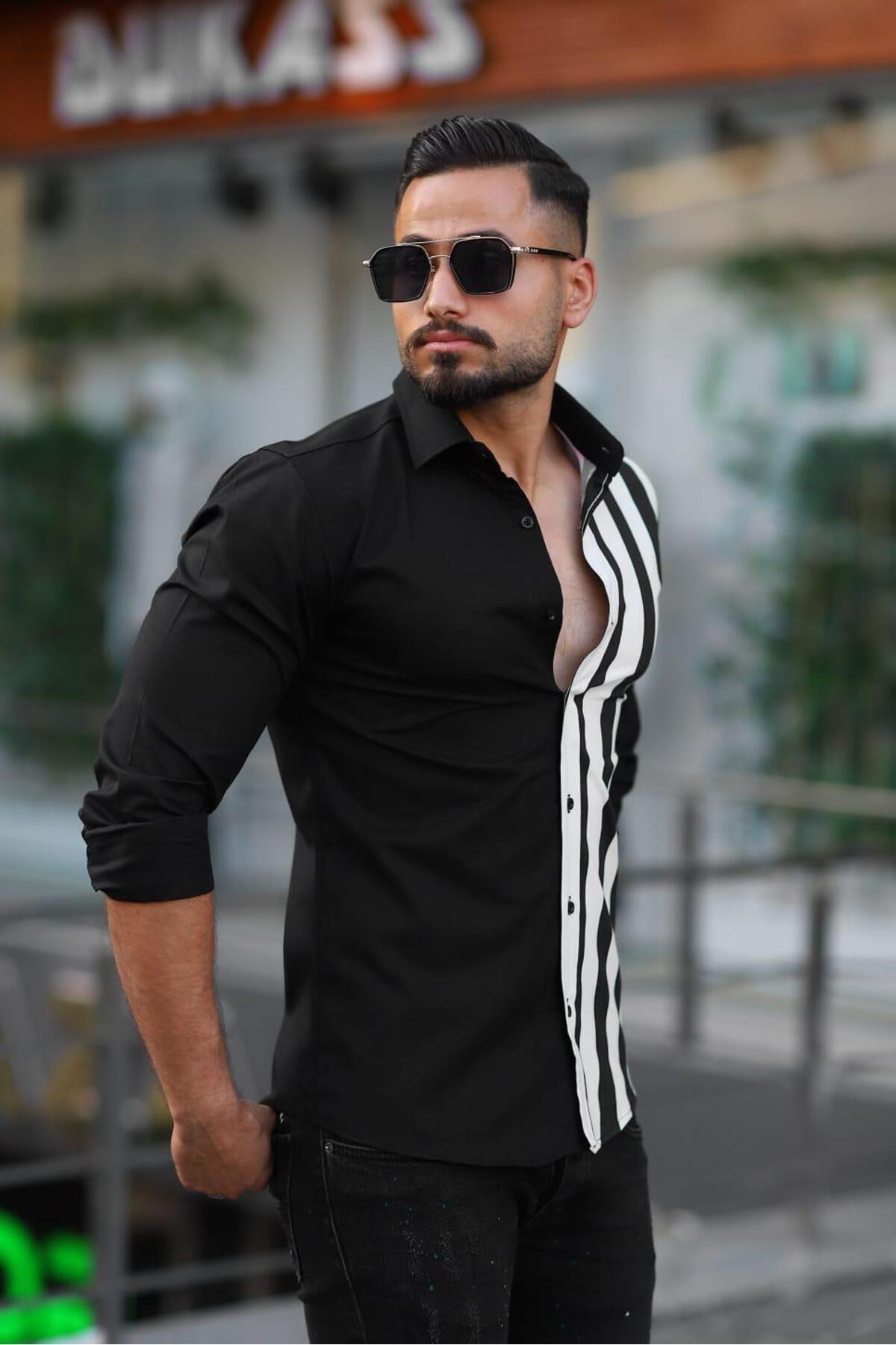 BAYIM Erkek Slim-Fit Kontrast Geniş Çizgili Premium Lüks Tasarım Gömlek görsel 3