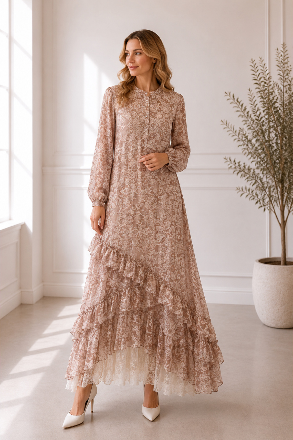 Lissmore Modal Viscose Blended Skirt, Scalloped Side Pockets, Lined Full-Length Dress