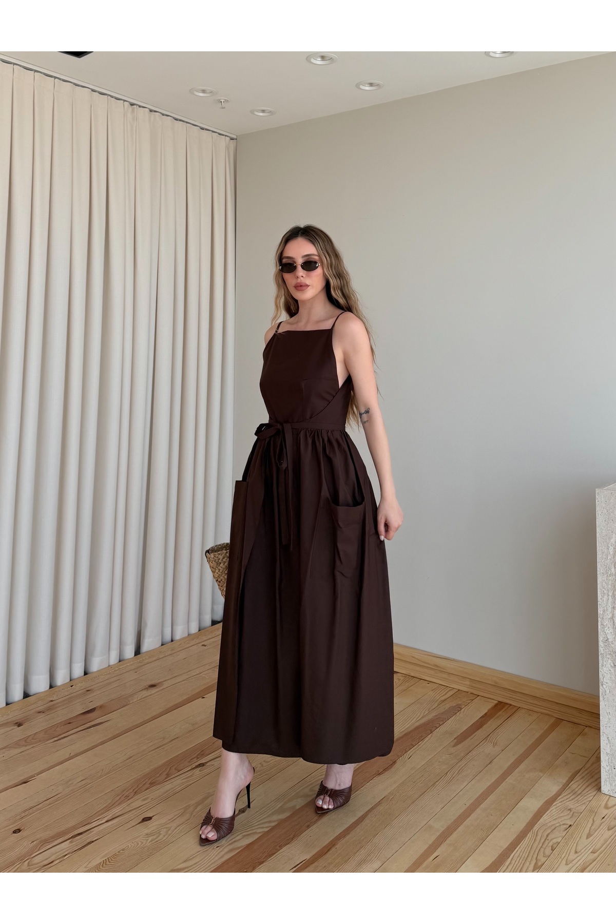 Laluvia Brown Thin Straps Double Tie Waist Long Dress - 2011
