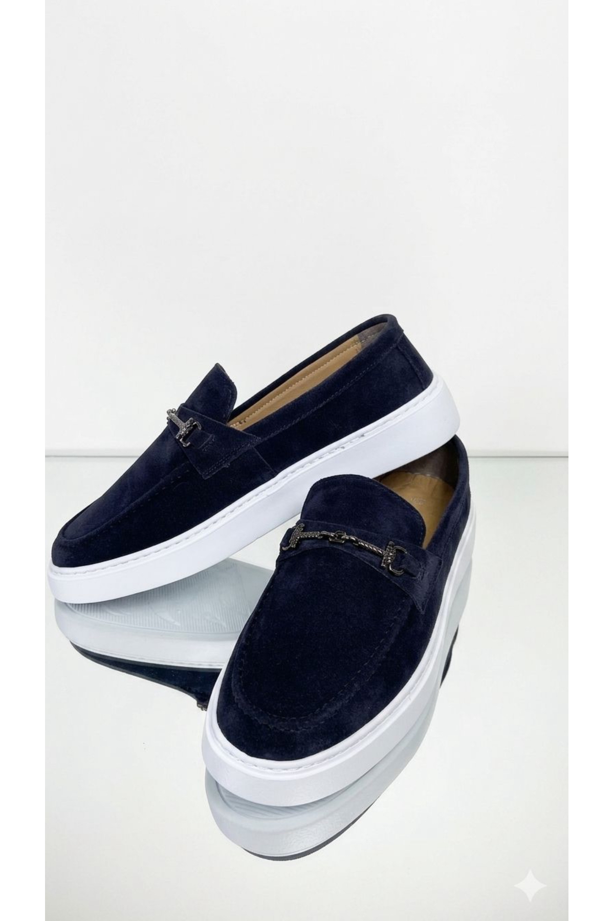 Milano Saphir loafer lacivert süet hakiki deri dikişli eva taban