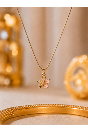PEEM jewelry Kadın Gold Pembe Mineli Kiraz Çiçeği İtalyan Balıksırtı Zincir K...