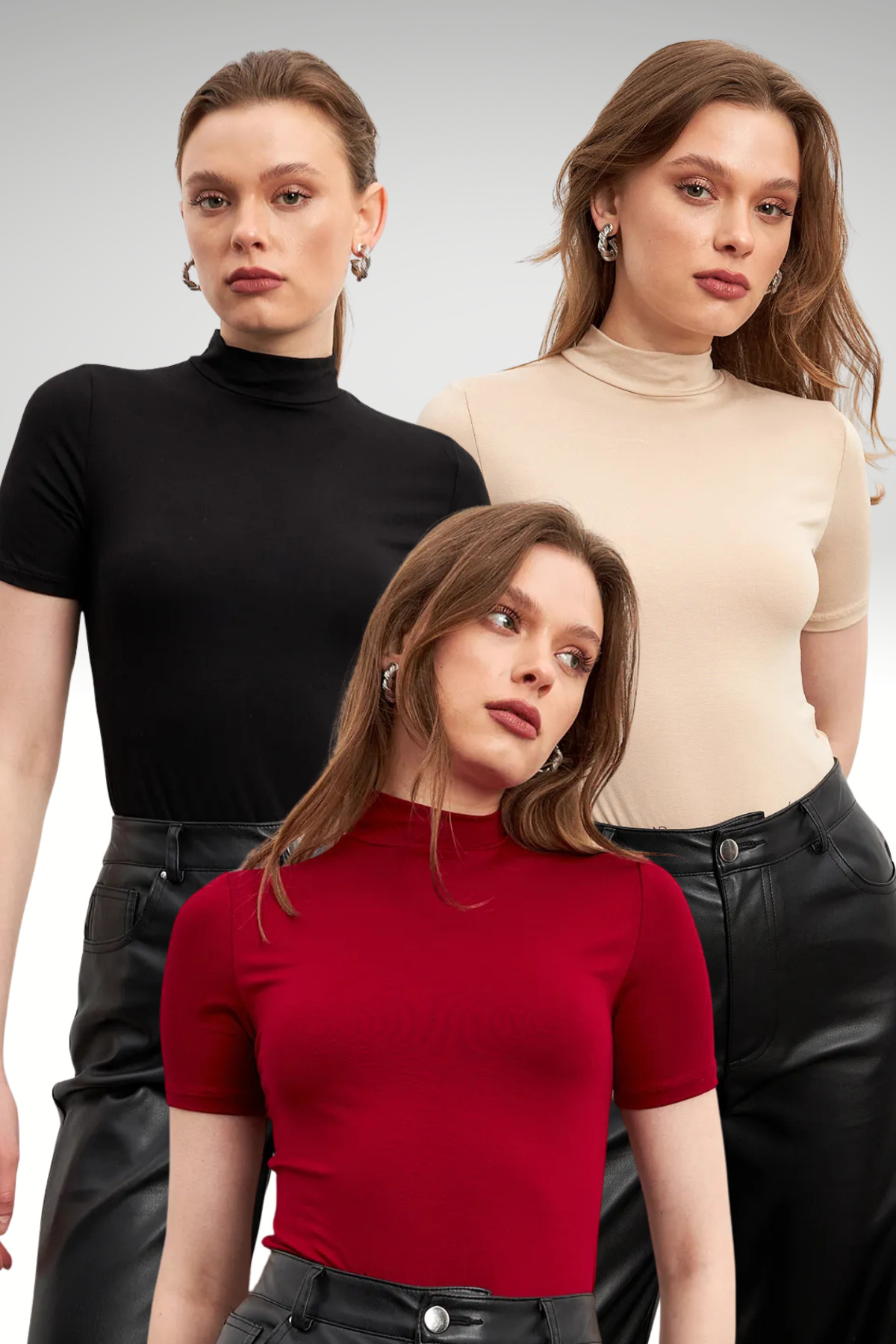 Women's 3-Pack Black Cream Claret Red Short Sleeve Blouse