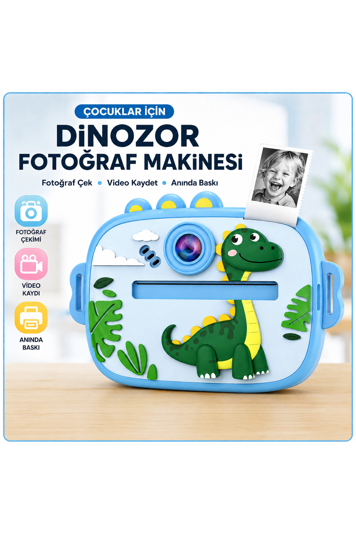 TeknolojiSA Çocuklar İçin Dinazor Fotoğraf Makinesi | Anında Baskılı Dijital Kamera