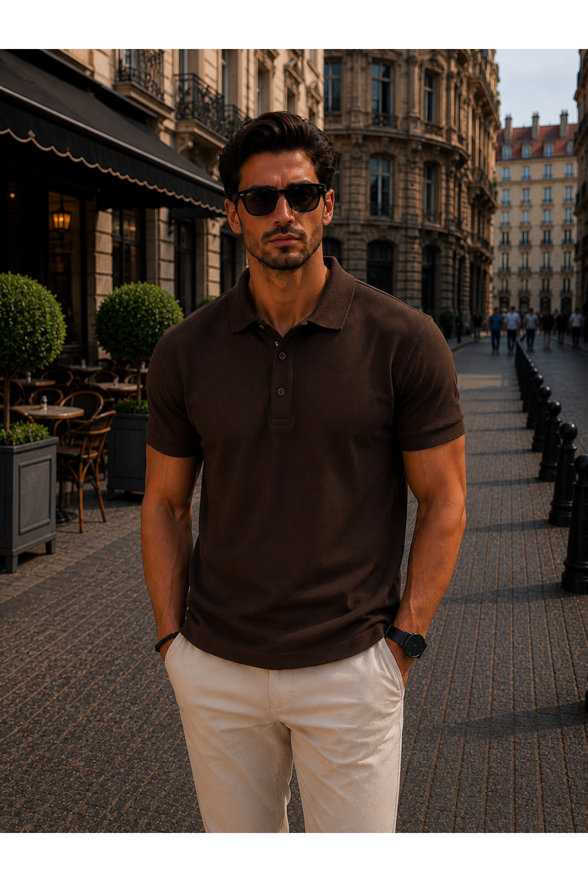 Maccali Men's Trend Cotton Waffle Fabric Dark Brown Polo Collar T-Shirt