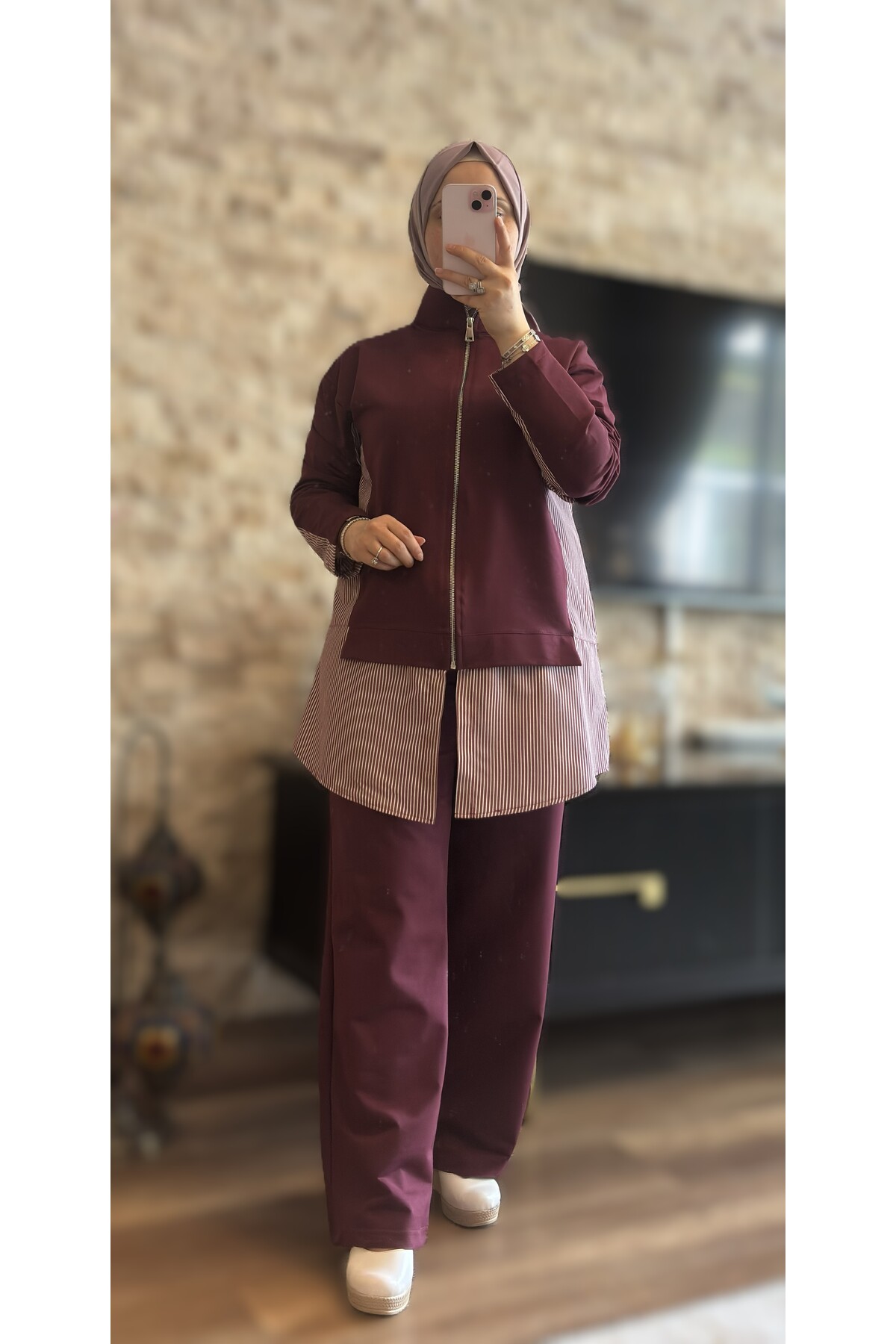 MİMİ Luxury Wear Women's Black Striped Garnished Zippered Hijab Double Set
