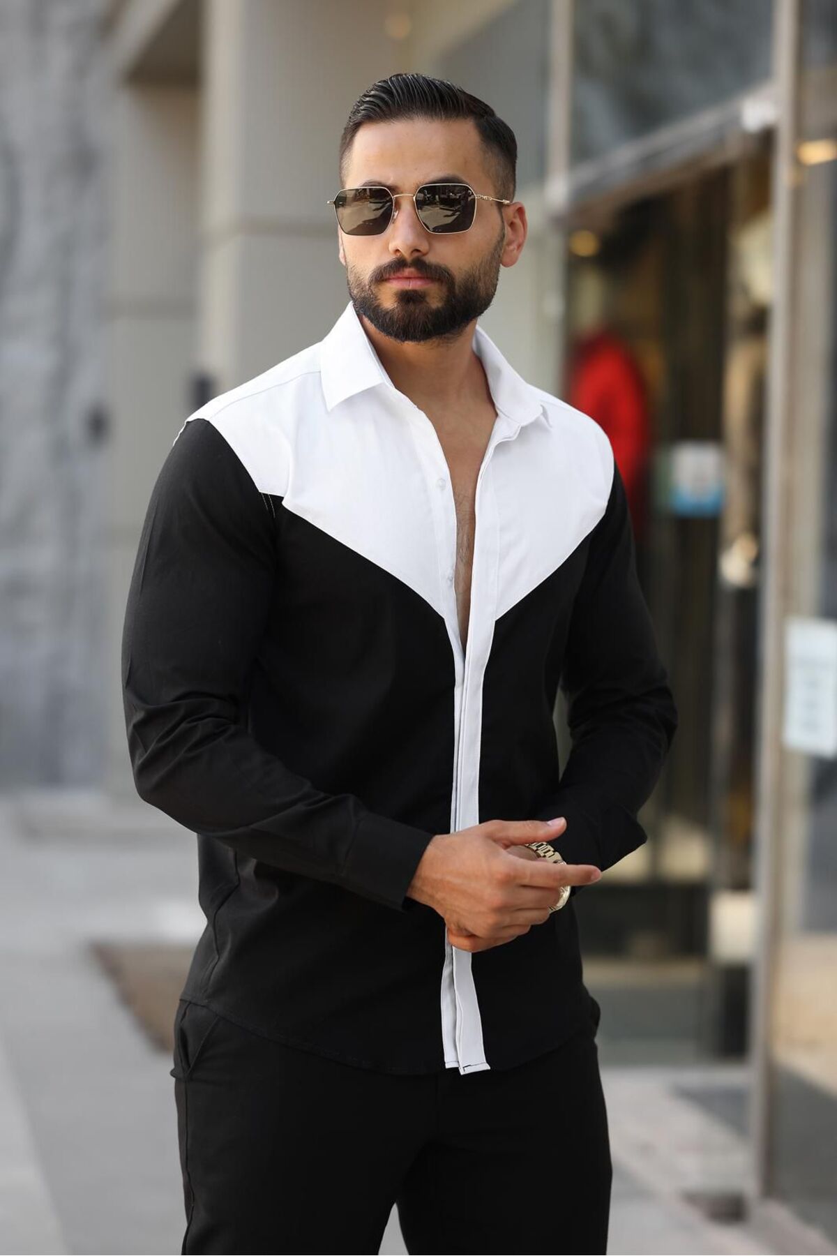 BAYIM Siyah Beyaz V Blok Renk Geçişli Slim Fit Uzun Kollu Likralı Erkek Gömlek görsel 3