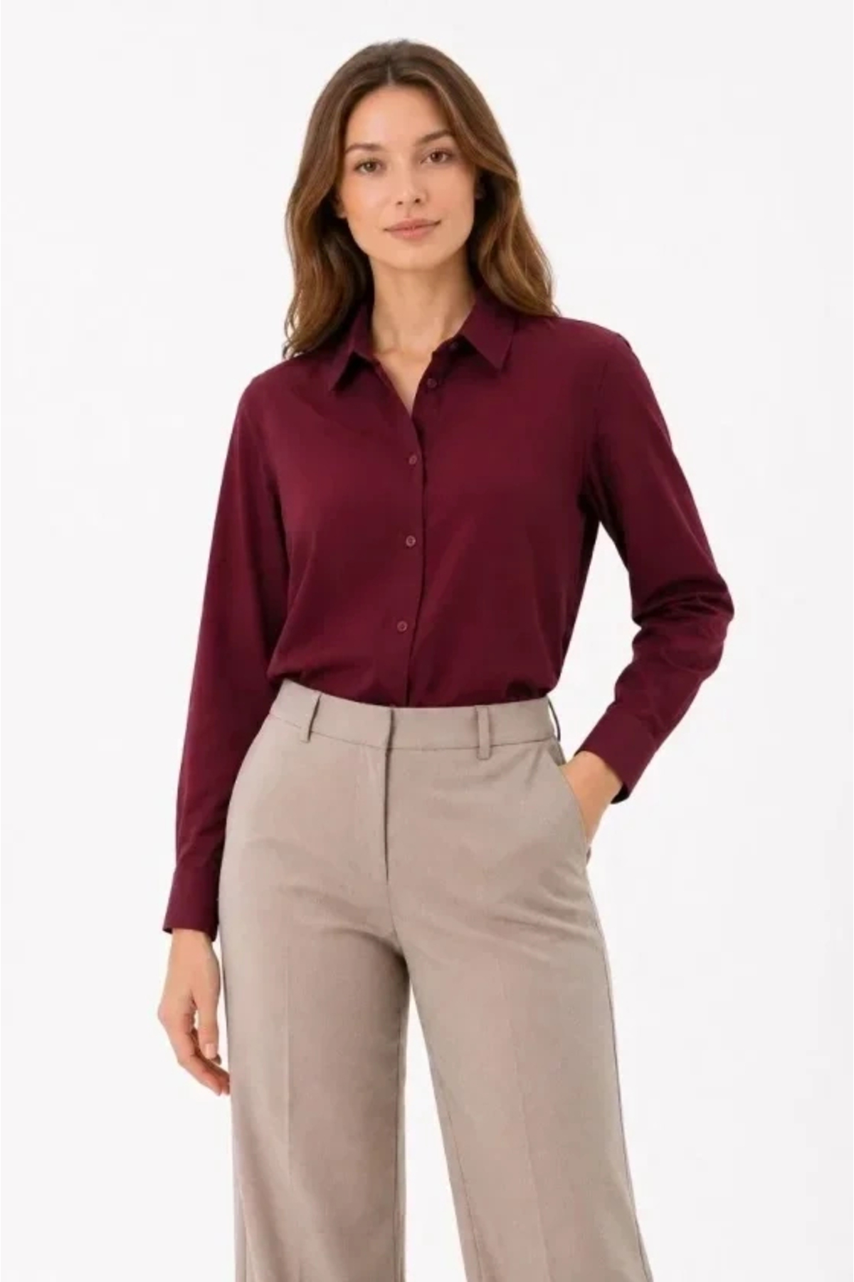 Generic Brands Long Sleeve Shirt with Buttons, Classic Collar, Suitable for Casual and Office Wear - Burgundy