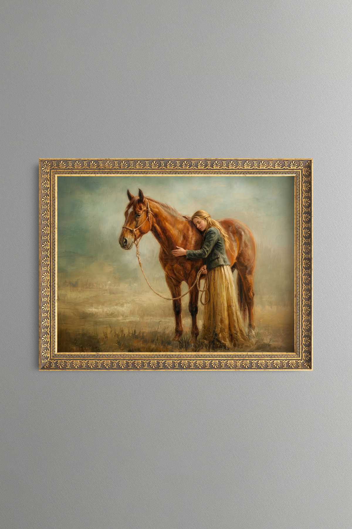 Loving Horse and Girl Composition - Vintage Patterned Frame - Slim Model