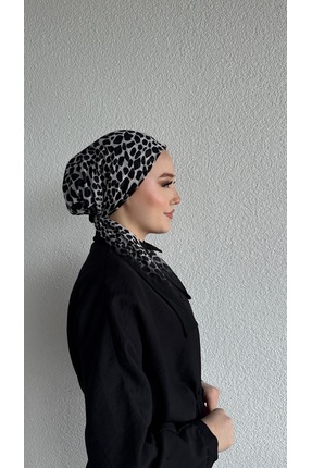 Anatolye Siyah Beyaz Leoparlı Tülbent Eşarp Bone - Kaymaz Terletmez (Kaymayan)
