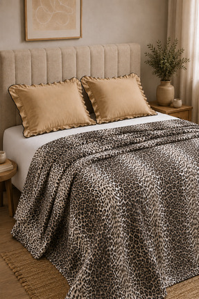 XVA Leopar Desenli Çift Kişilik Pike Seti 240x260 cm | 2 Adet Fırfırlı Yastık...