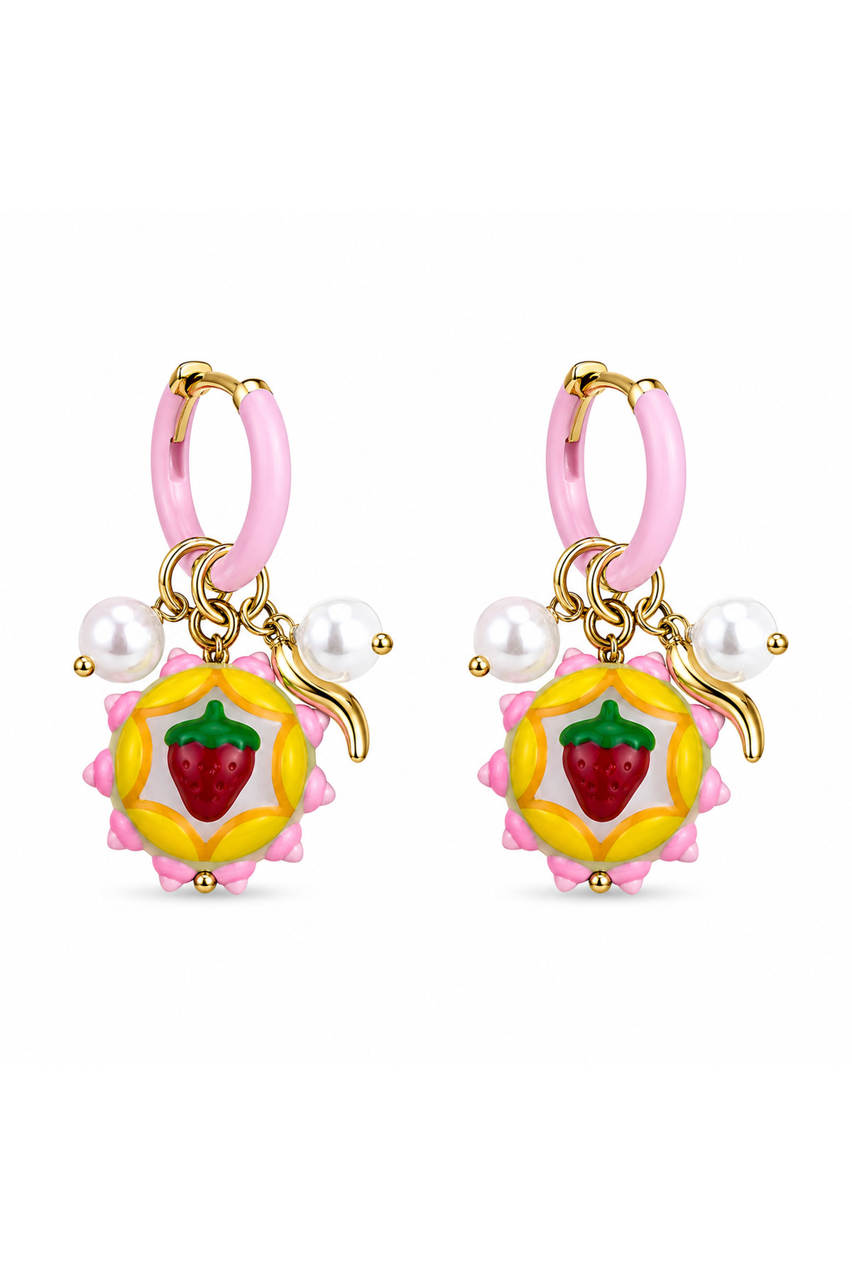 Women's Steel Hoop Earrings with Colorful Enameled Strawberry and Pearl Detail