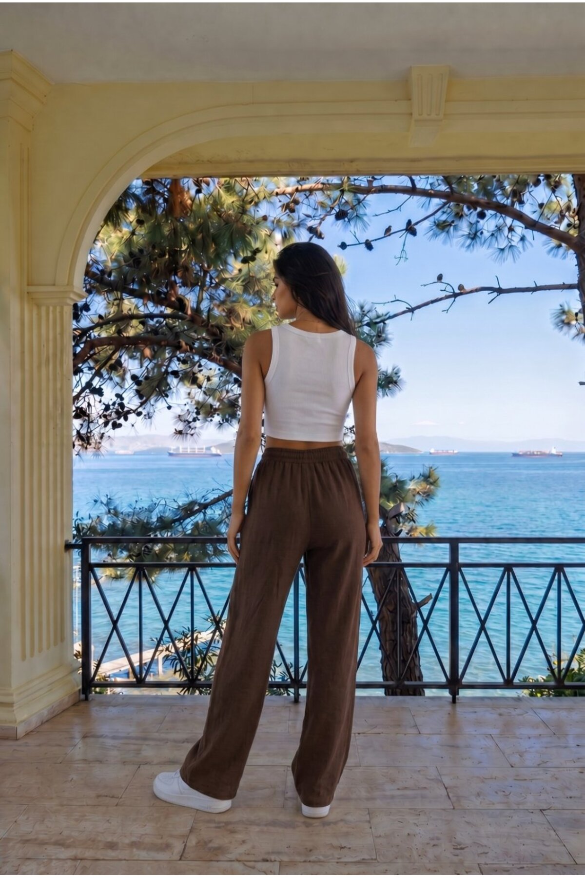 KAHVE Keten Karışımlı Bol Kesim Beli Lastikli Pantolon 4