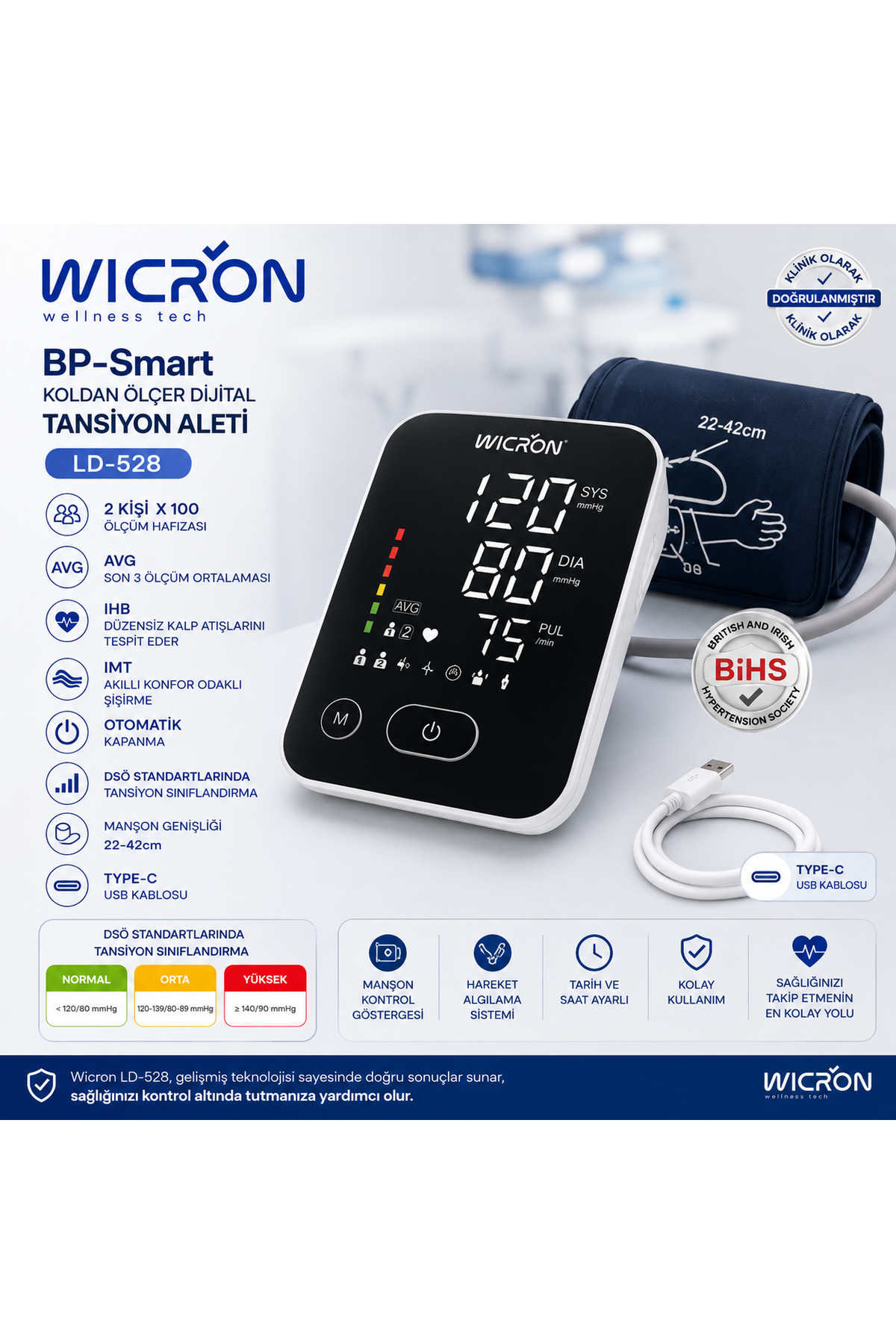 Wicron Tansiyon Aleti Koldan Ölçer Tam Otomatik Geniş Renkli Ekran Düzensiz Tansiyon Uyarılı 