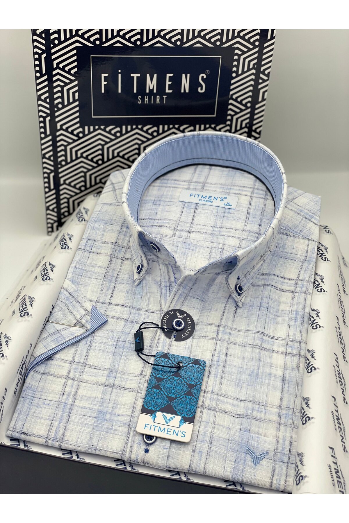 Classic Short Sleeve Linen Collar Buttoned Gift Boxed Men's Shirt FS-004569 - Light Blue