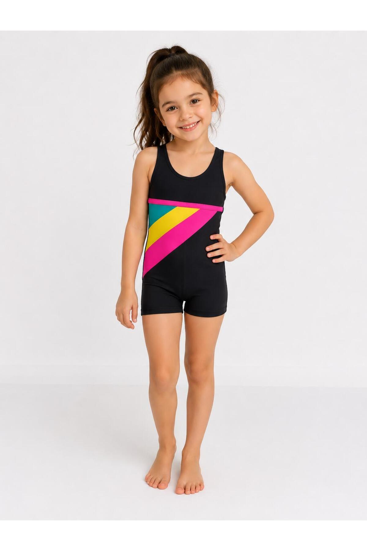 Girls' Swimwear with Shorts - Swimwear with Color Block on the Sides -1980-1SP