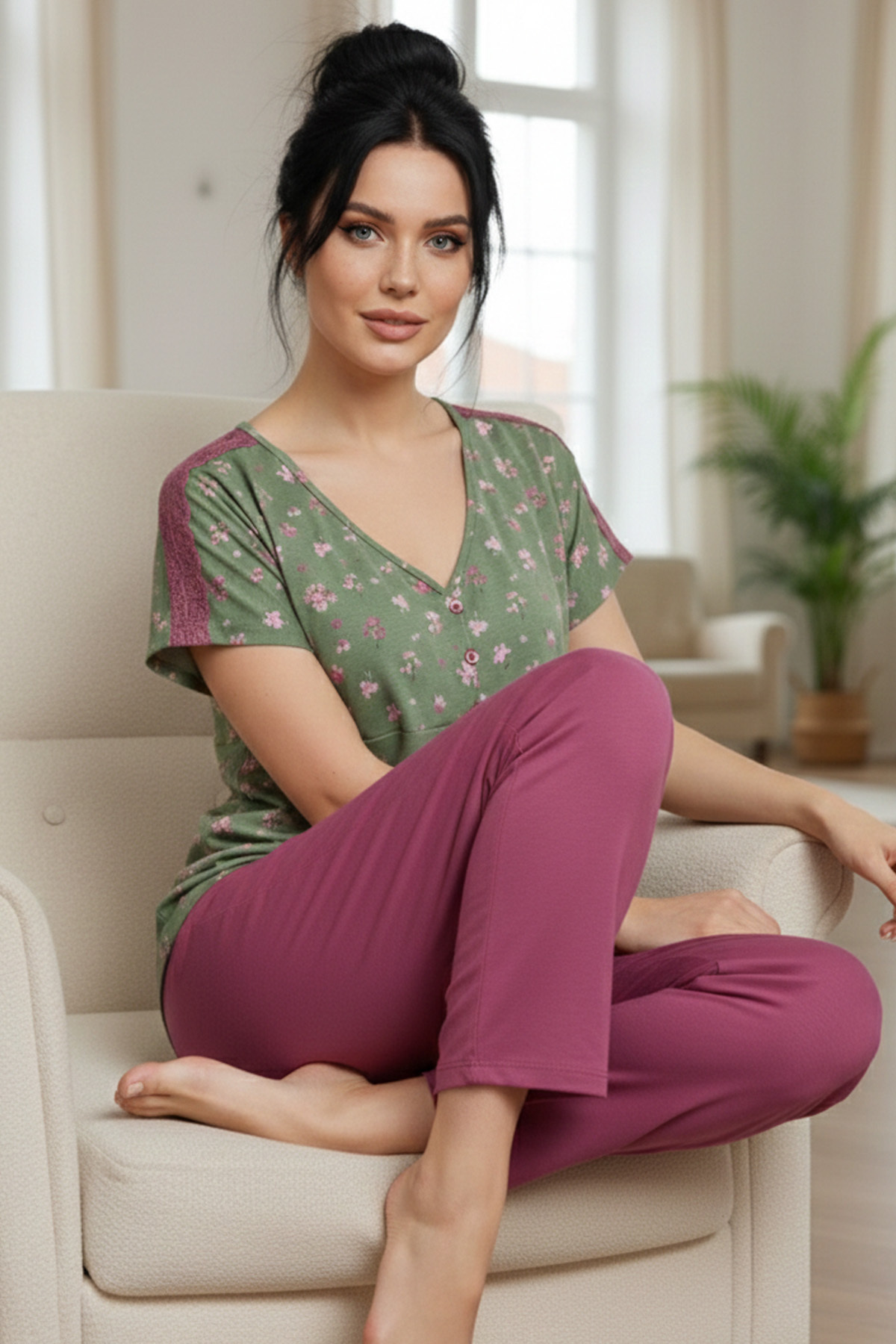 Siyah İnci Green Patterned Cotton V-Neck Knitted Pajamas Set
