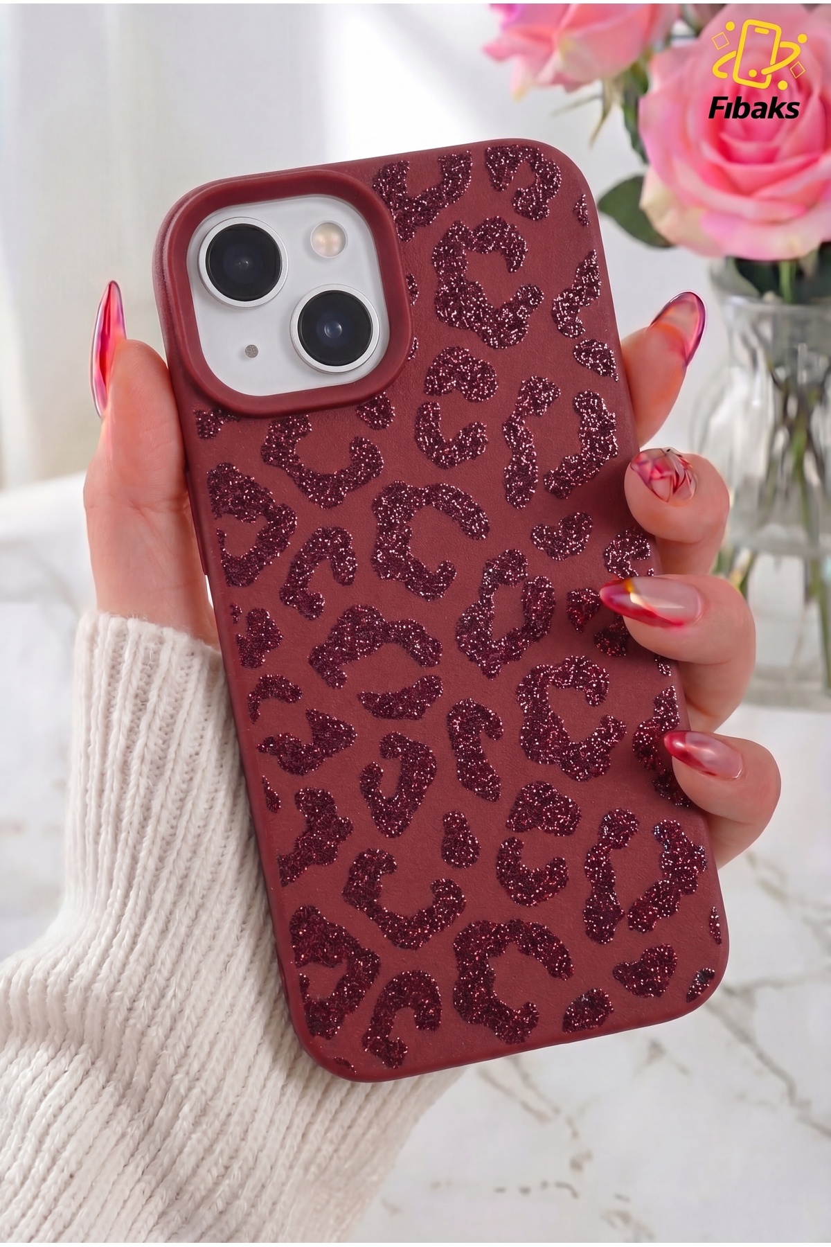 iPhone 13/14/15 Case Burgundy Leopard Pattern Shock Absorber Camera Shielded Soft Silicone
