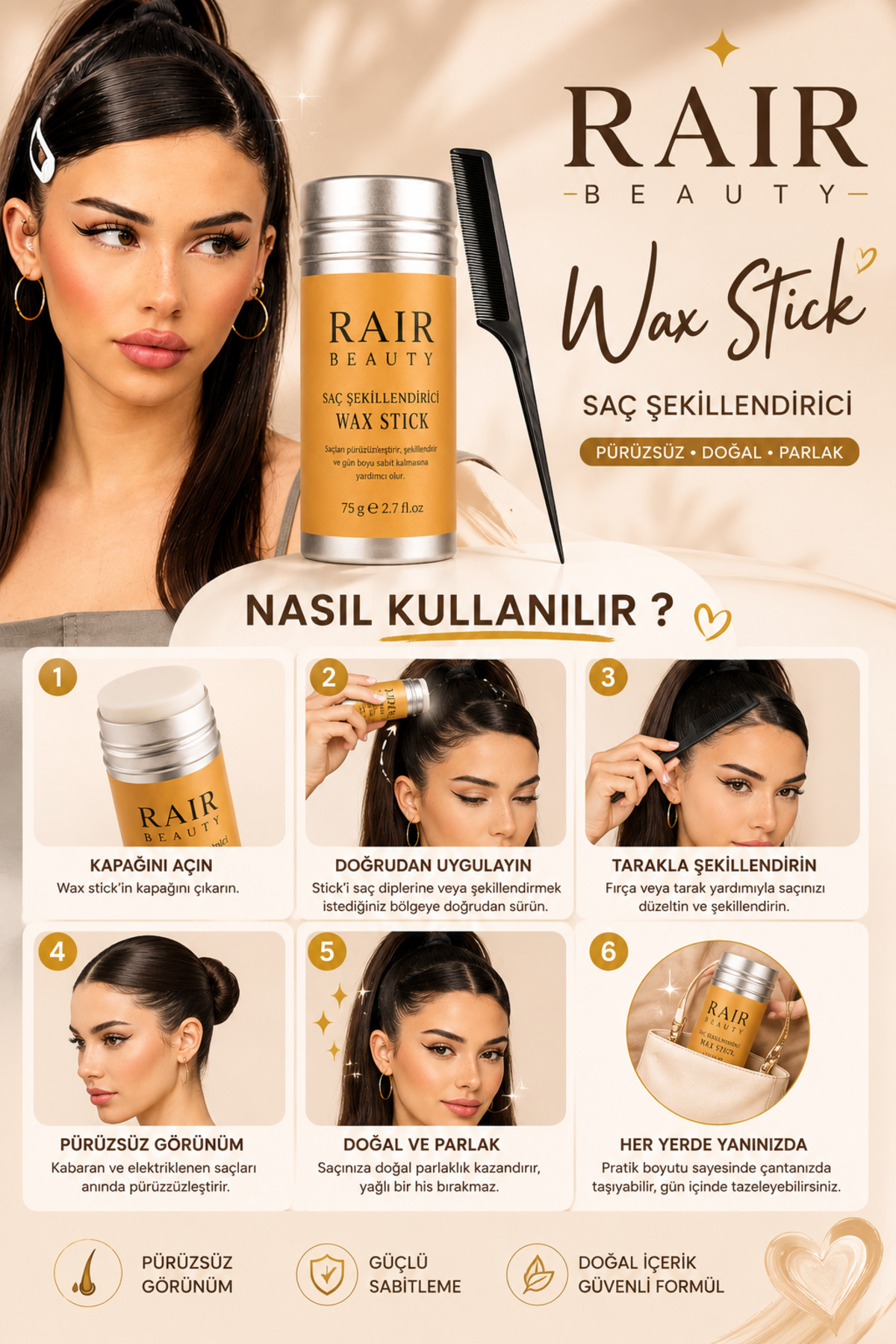Stick Saç Waxı ve Krepe Tarak İkili Set — 8557867545 — تصویر 2 از 3