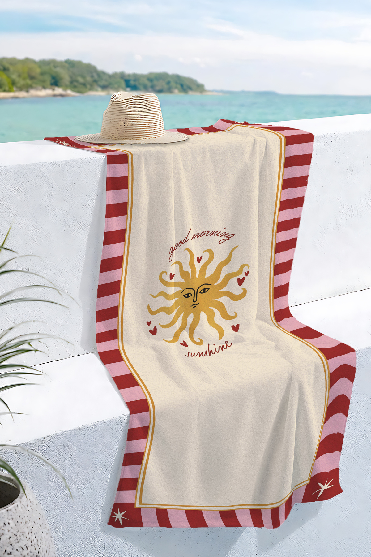 Striped Beach Towel with Sun Shape - Bohemian Retro Red Pink Pool Sea Fast Drying Beach Cover