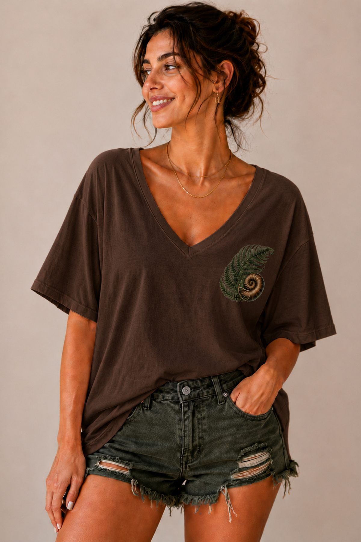 ArtYus Yaprak ve Salyangoz Baskılı V Yaka Salaş Unisex Oversize Tişört - Pamuklu Günlük T-Shirt