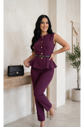 Myawomenswear Kadın Mürdüm Gold Düğmeli Yelek Pantolon İkili Takım