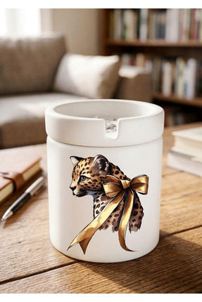 Eylül Design Leopar Kedi Tasarımlı Baskılı Seramik Küllük Kokusuz Kül Tablası