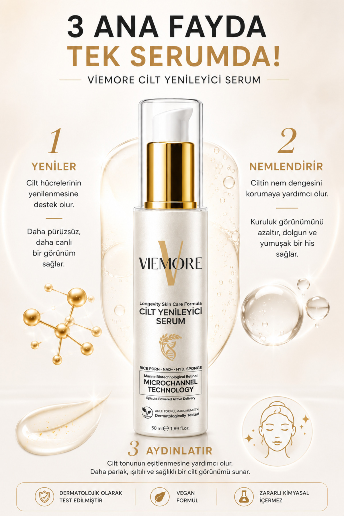 Cilt Yenileyici Serum 50 ml | PDRN (Pirinç DNA) + NAD+ + Marine Retinol | Microchannel Technology | Nemlendirici, Aydınlatıcı ve Cilt Bariyeri Güçlendirici Bakım Serumu 50 ML — VIEMOREPDRNSERUM — تصویر 6 از 7