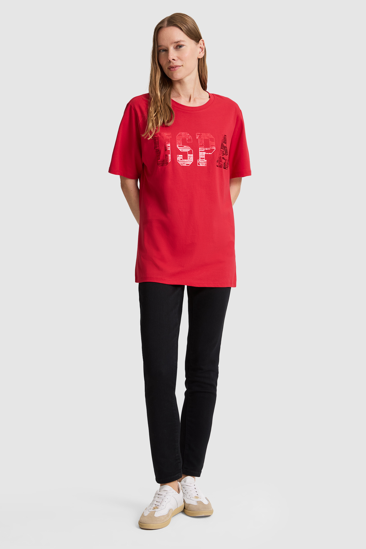 U.S. Polo Assn.  Kadın Kırmızı Bisiklet Yaka Basic Tişört 50321690-VR171 - Görsel 4
