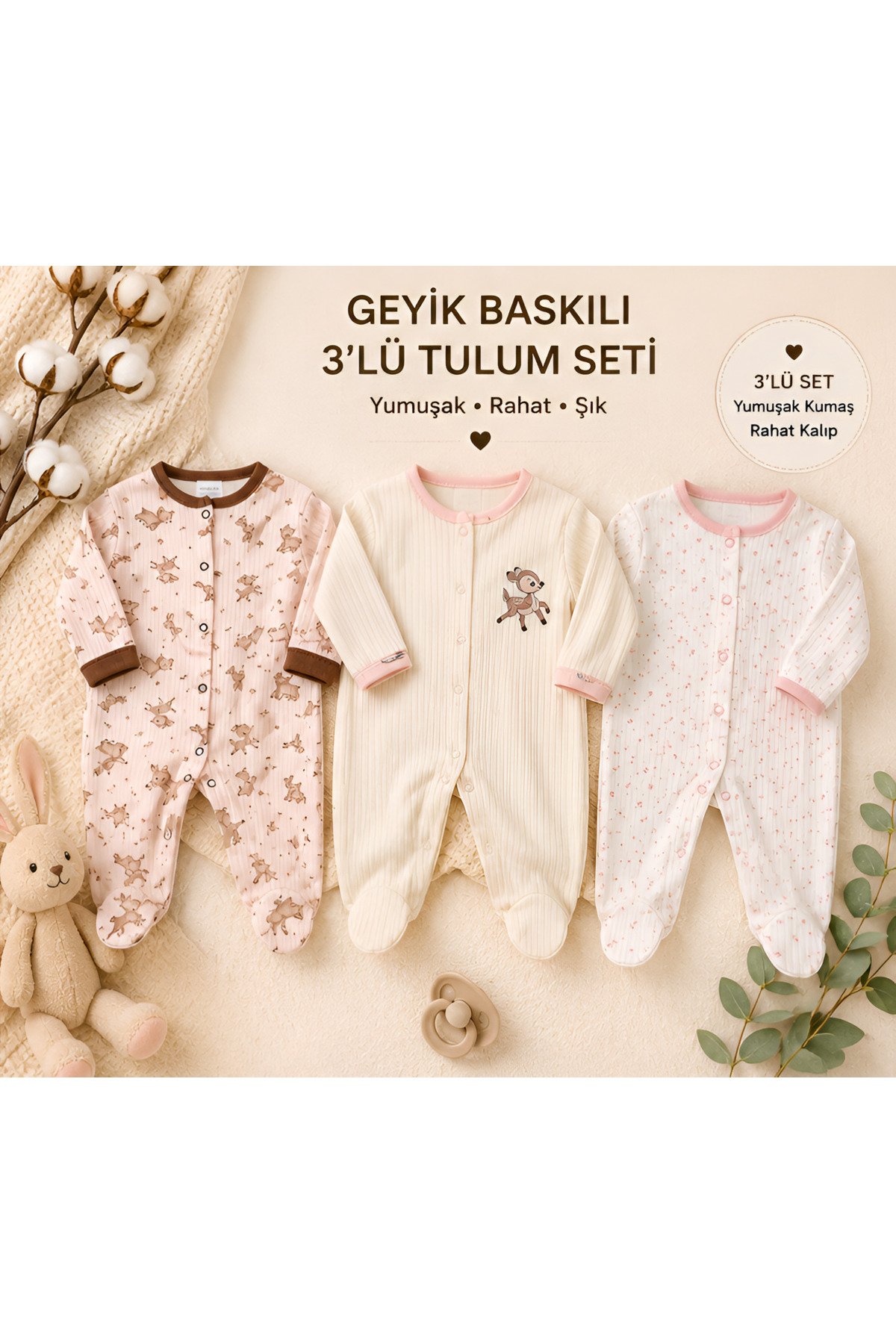 3'lü Kız Bebek Geyik Desenli Patikli Tulum Seti