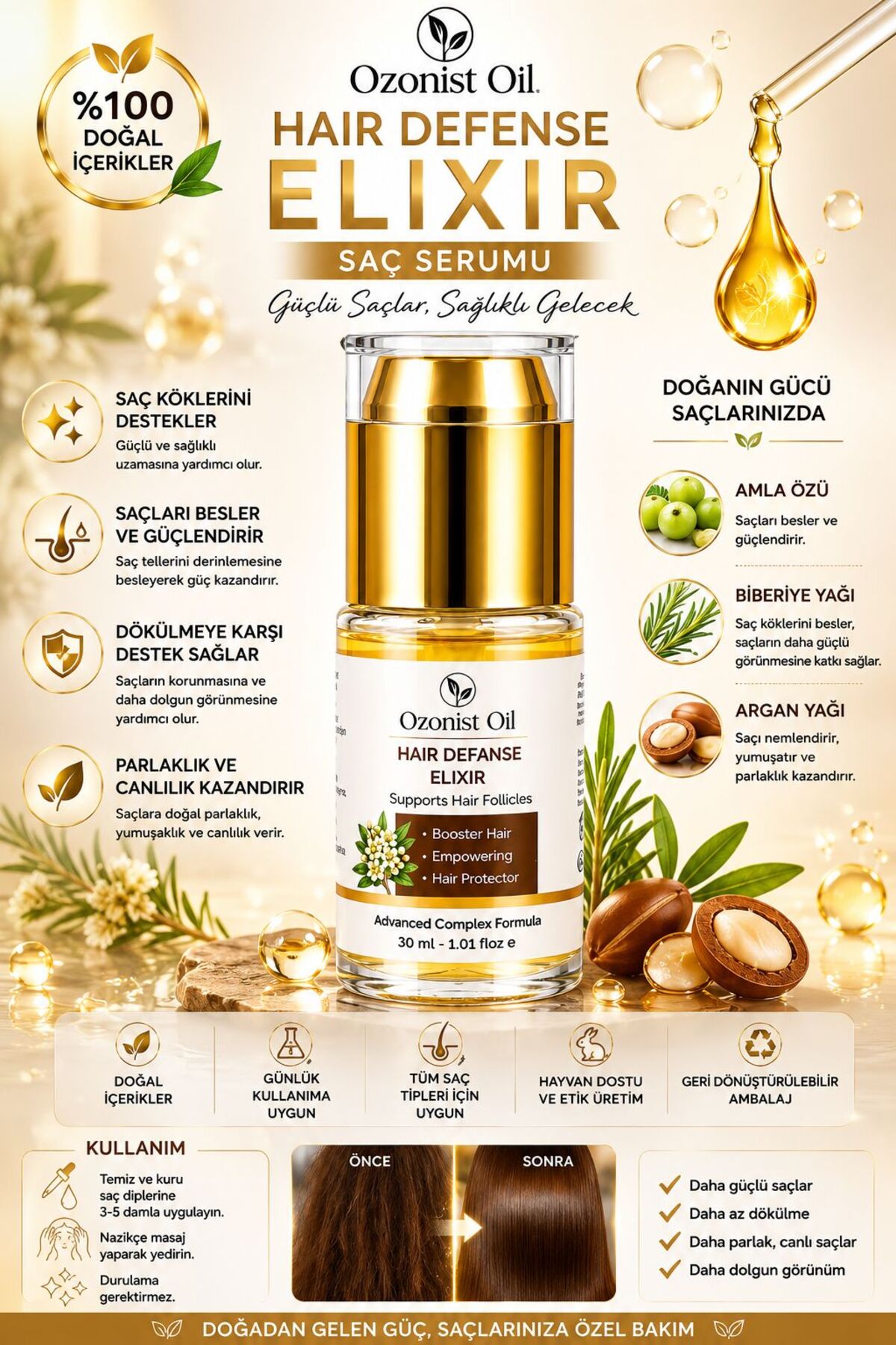 Biberiye , Argan Saç Serumu 30 ml – Saç Güçlendirici, Besleyici ve Parlaklık Destekleyici Ozonist Oil — 808.08.08 — تصویر 2 از 4