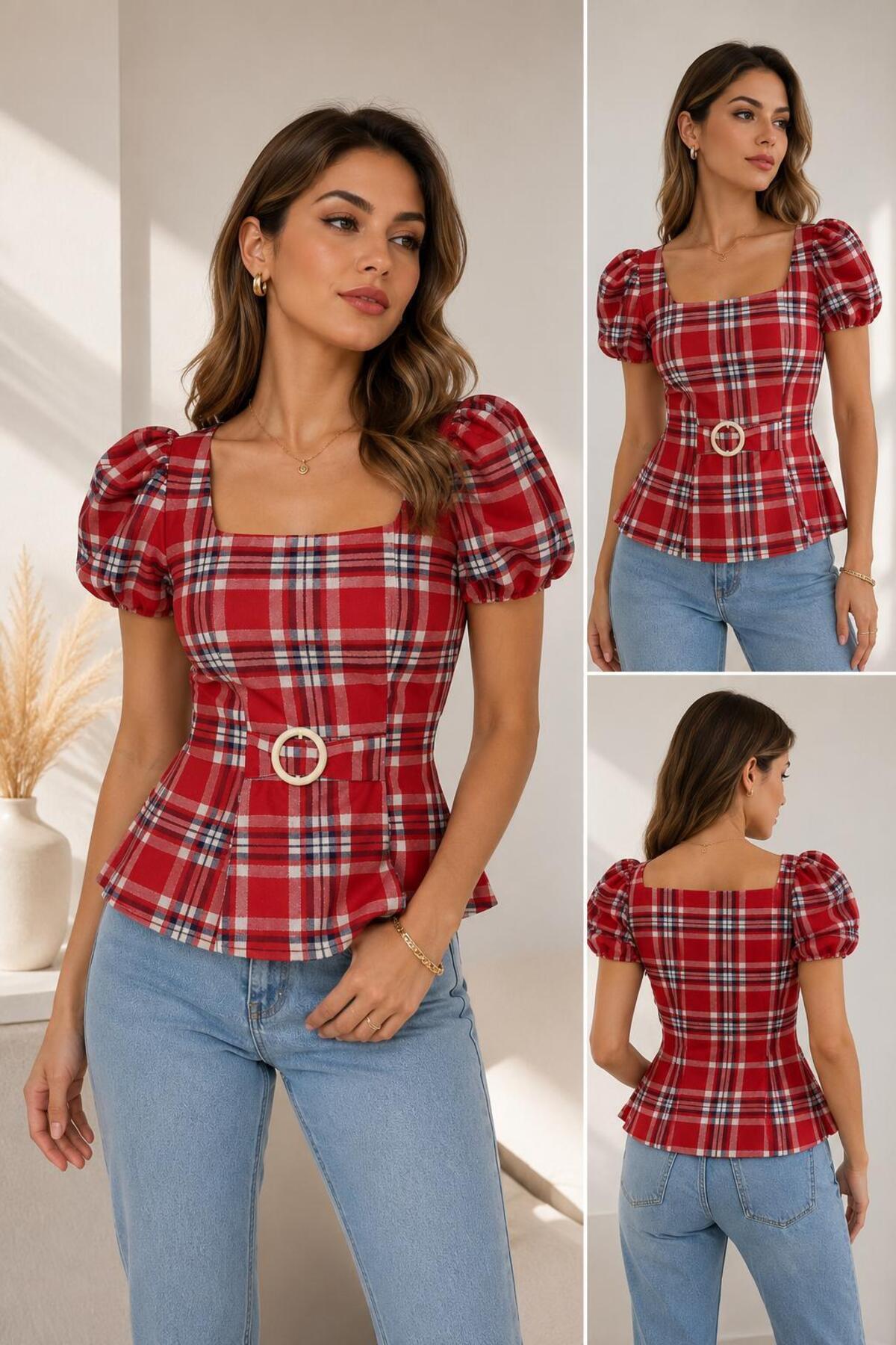 Lrscollection  kırmızı krem bluz