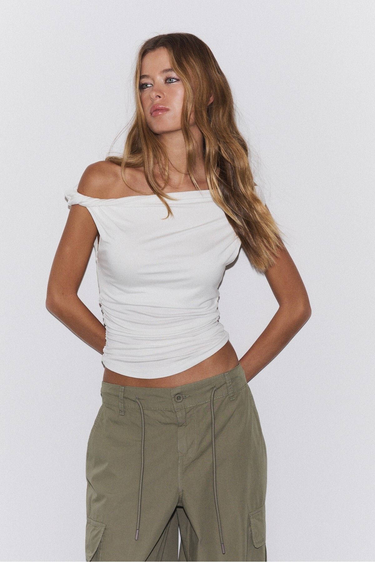 Shirred asymmetric t-shirt