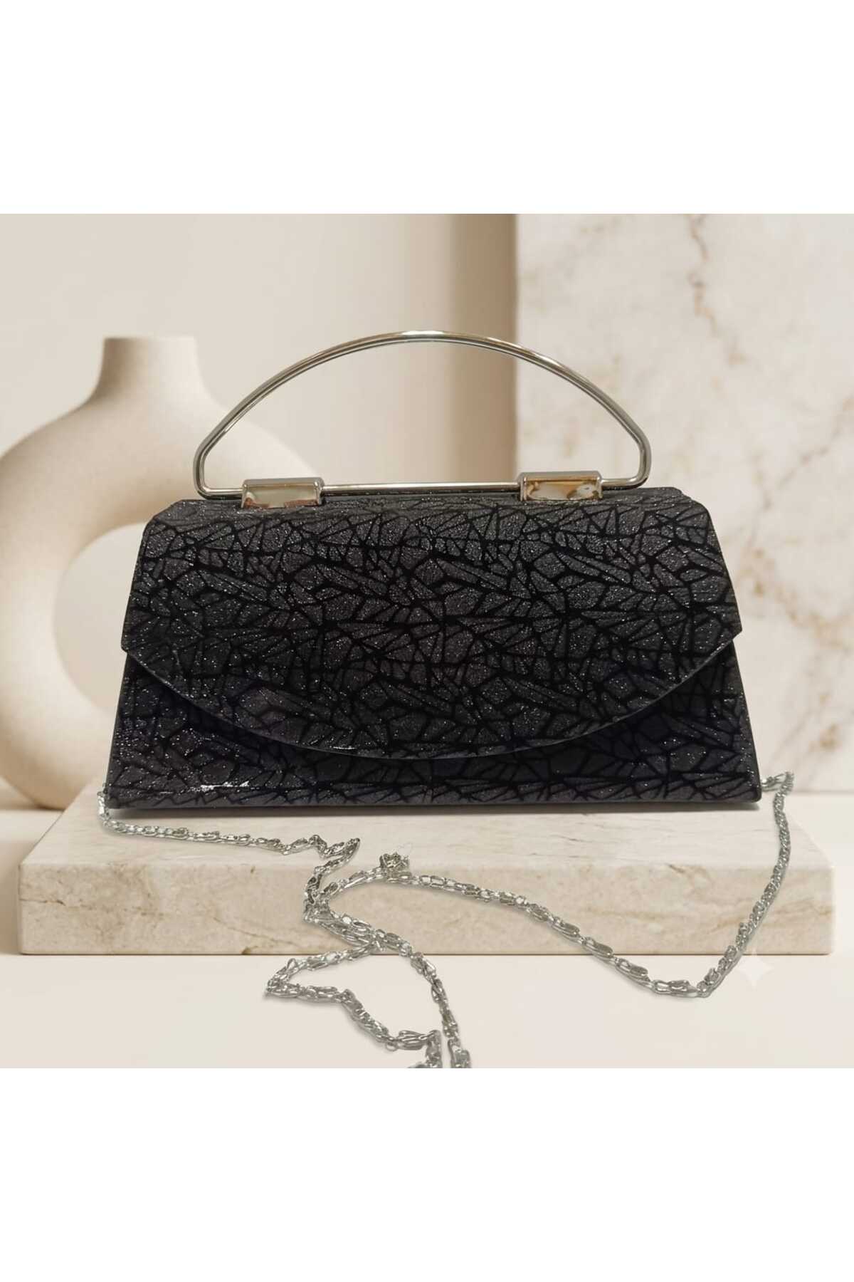 ZİVORA Kadın Simli Abiye Çanta Kırık Cam Desenli Zincir Askılı Portföy Clutch El ve Omuz Çantası 24x12x7 cm