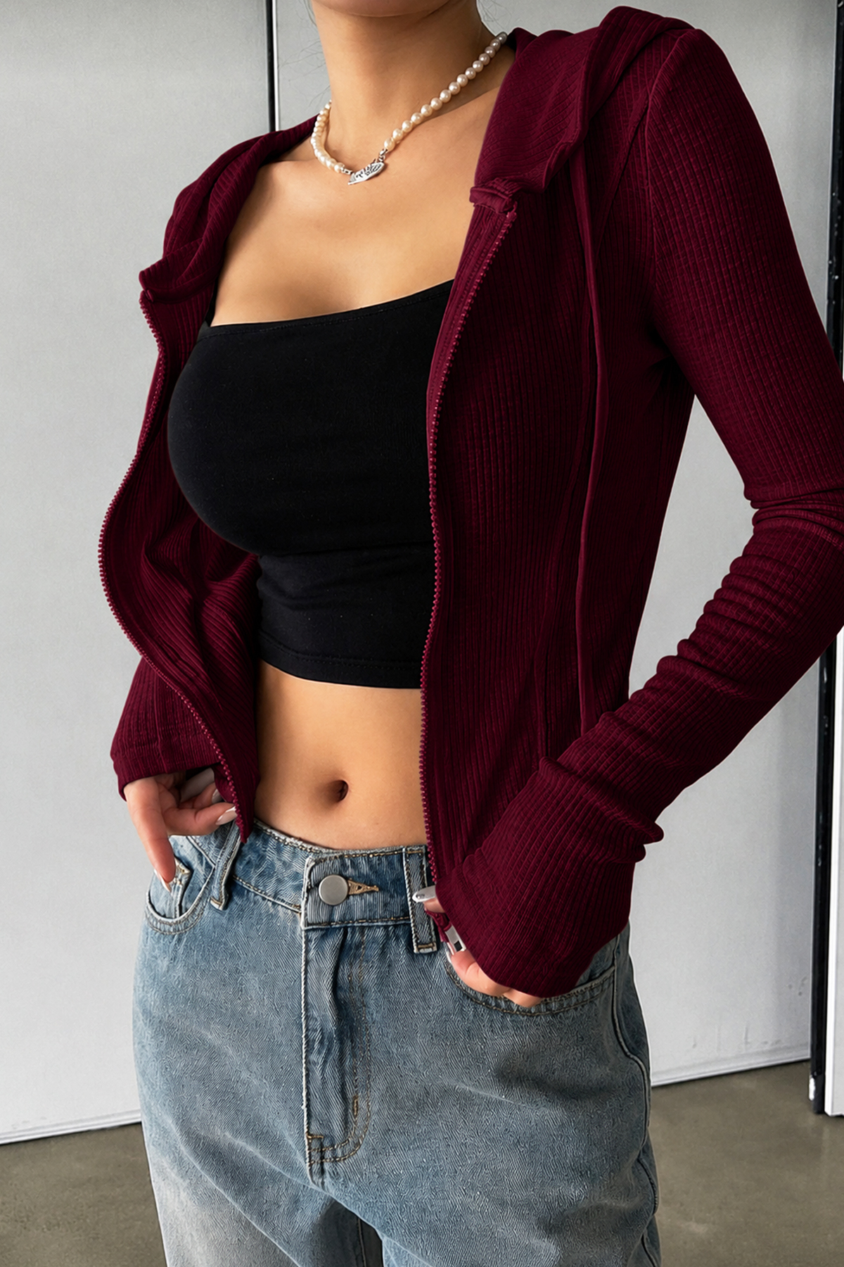 İlayda Toprak Rolly Bordo Fitilli Kumaş Likralı Fermuarlı Slim Fit Kapüşonlu Soft Esnek Uzun Kollu Bluz görsel 3