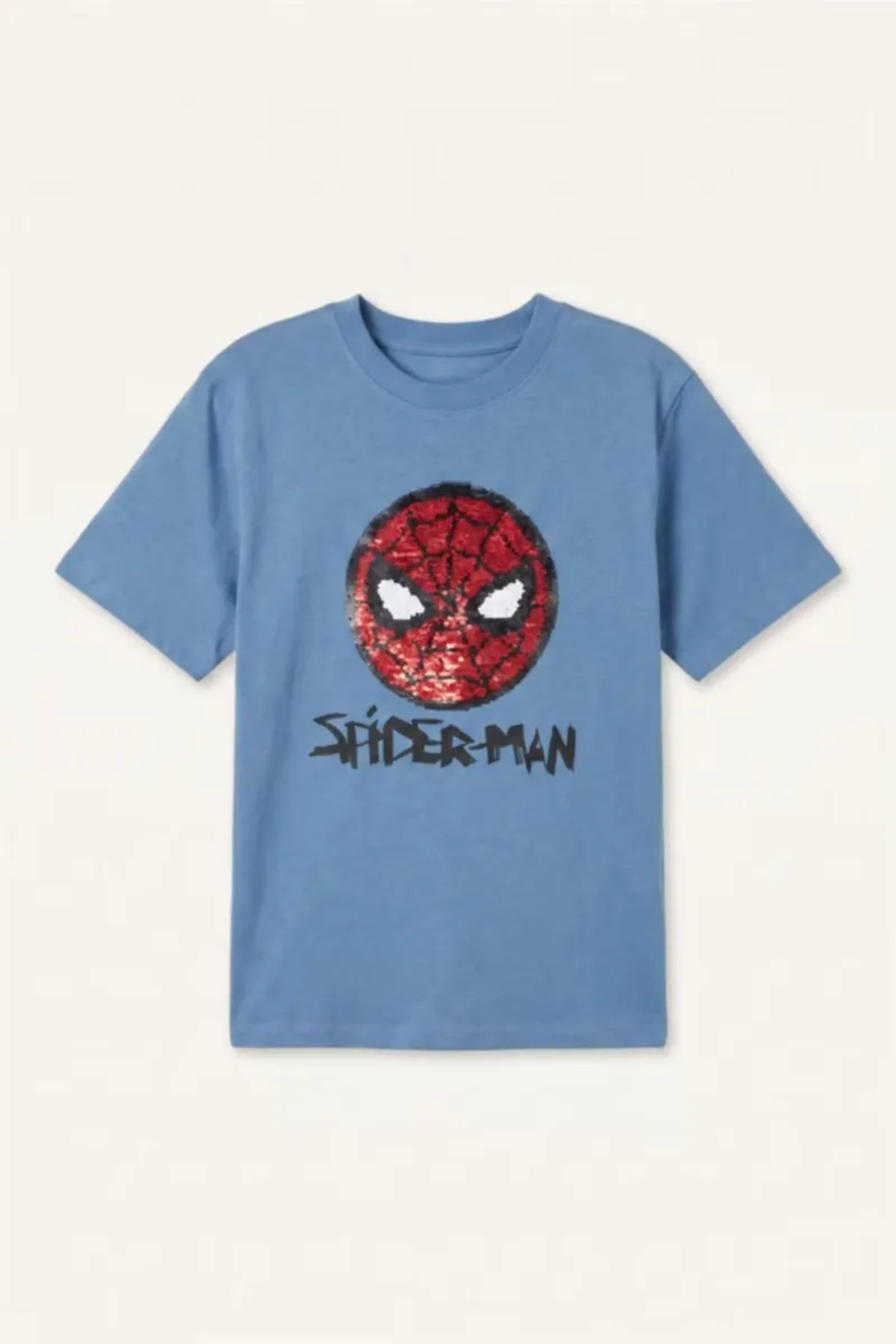 %100 Pamuk Marvel Lisanslı Payetli Spıderman New Regular Fit Bisiklet Yaka Kısa Kollu Mavi Tişört Er