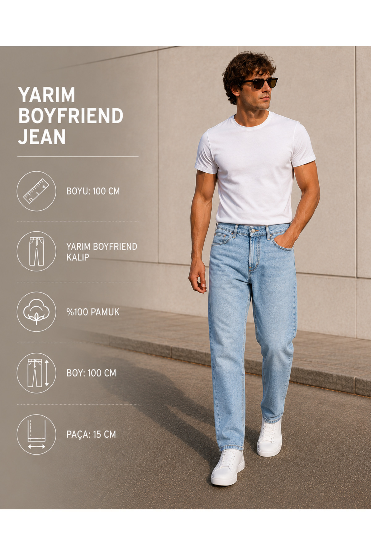fashionistanbul Men's Boyfriend Jeans Light Blue Loose Fit Comfortable Denim Jeans
