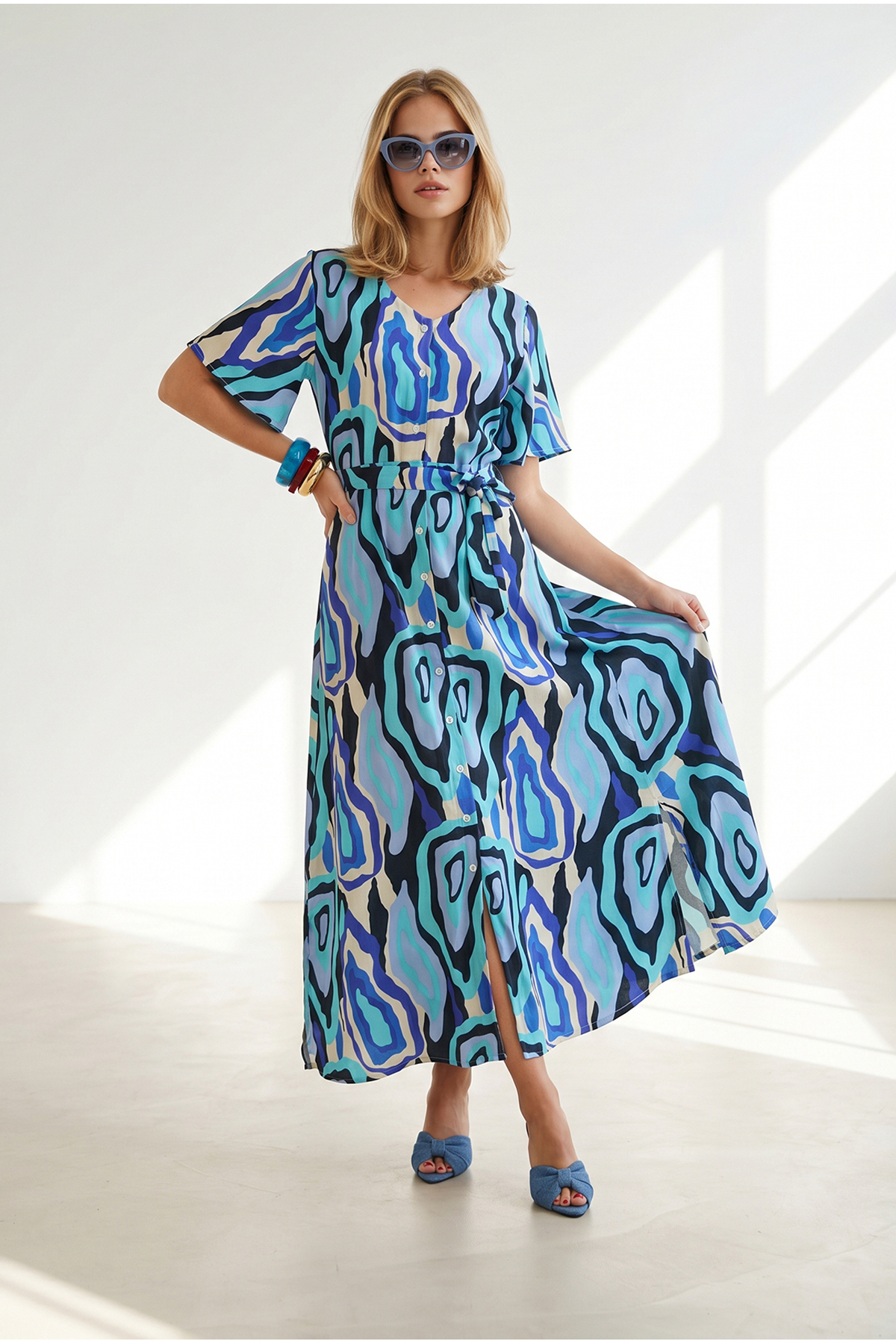 Women's Intangible Blue Buttoned Belted Maxi Viscose Shirt DRESS-19002382