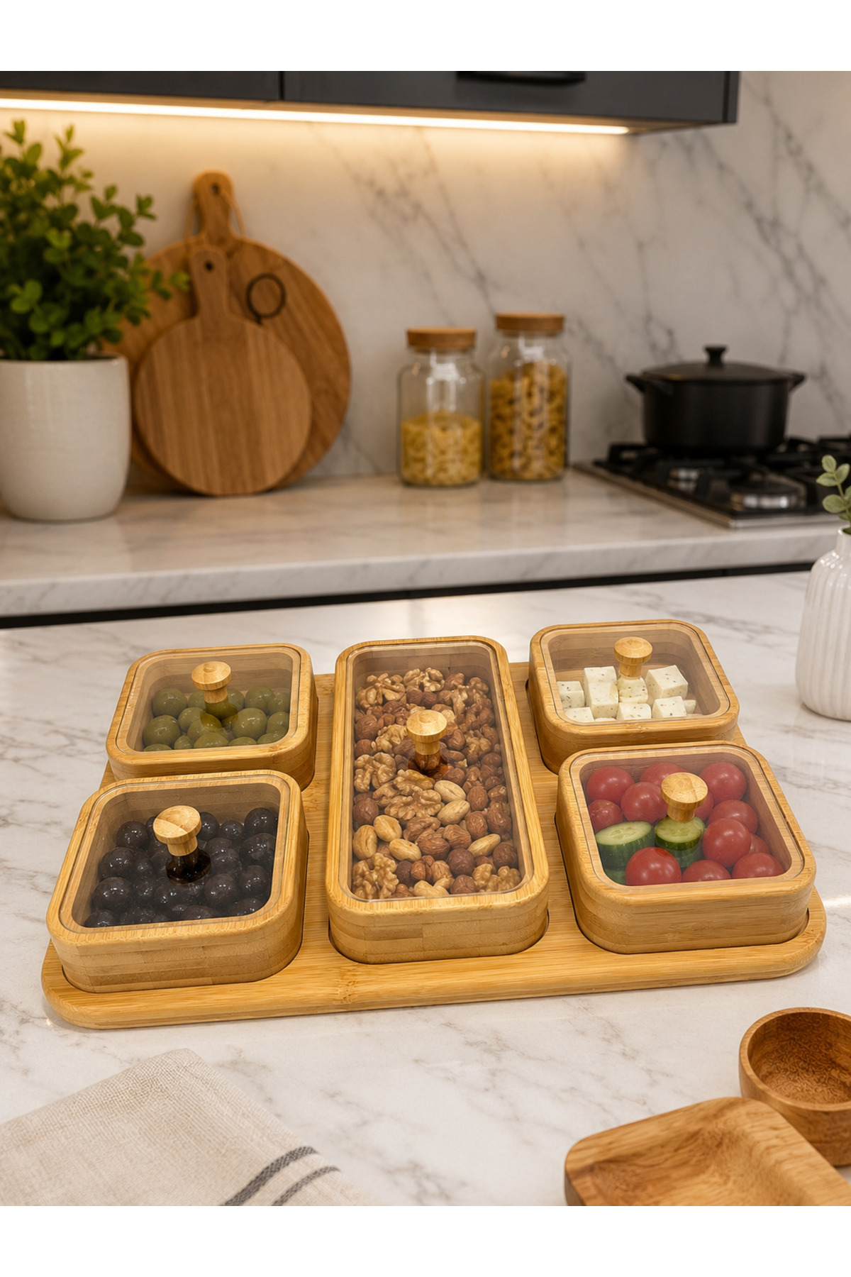 ALLEGRI Bamboo 11 Piece Square Oval Snack Bowl Set with Bamboo Stand and Plexiglass Lid for Breakfast