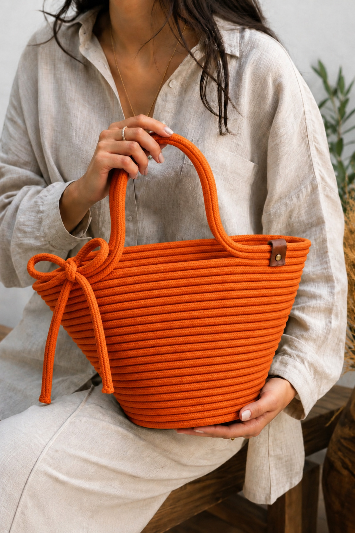 Lola Bowknot Detailed Wicker Handbag Natural Weave Summer Beach, Casual Stylish Design Bag