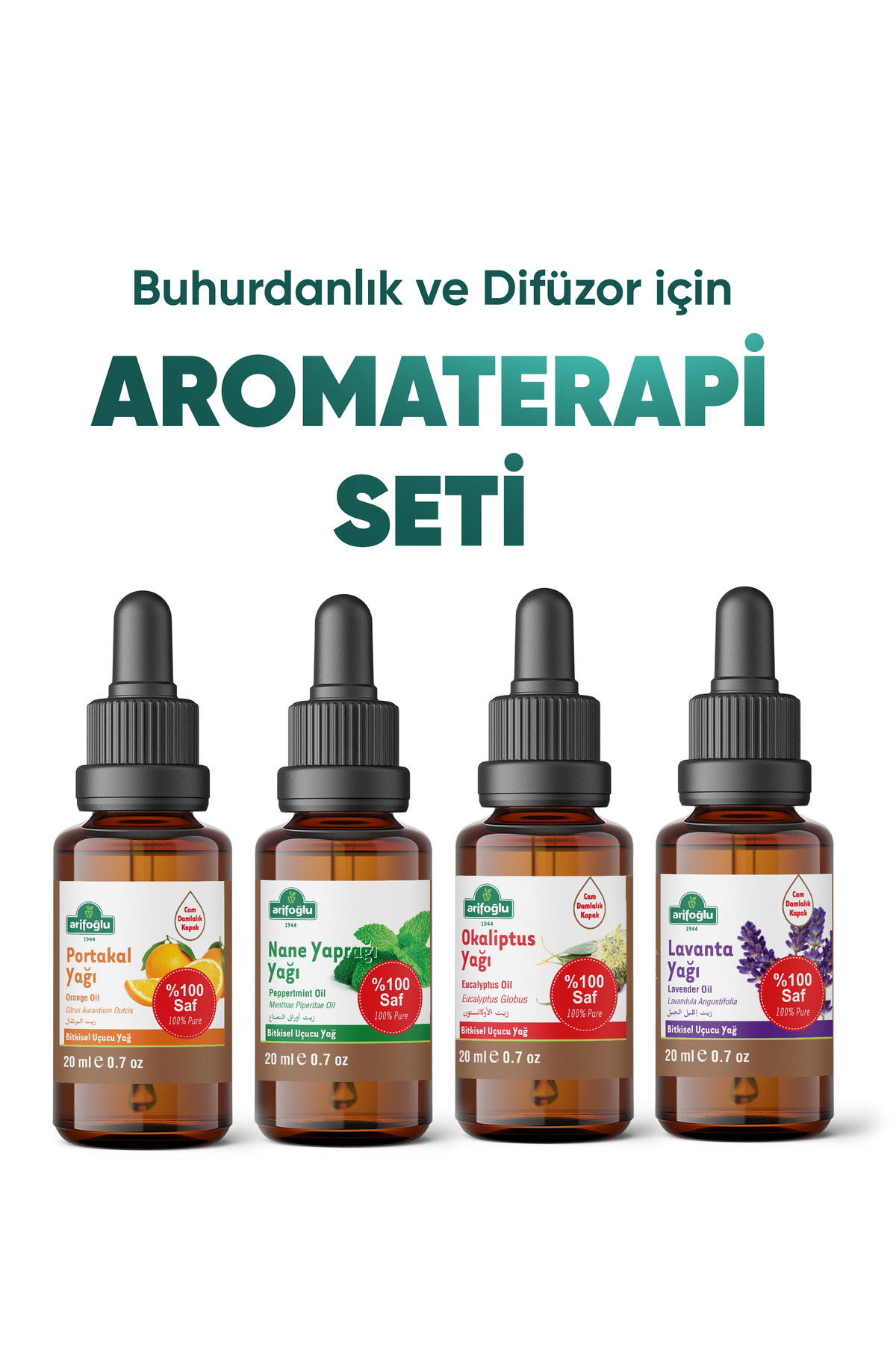 Arifoğlu Aromaterapi 4'lü Uçucu Yağ Seti | Portakal Lavanta Okaliptus Nane Yağı Buhurdanlık Difüzör — YAGSET1