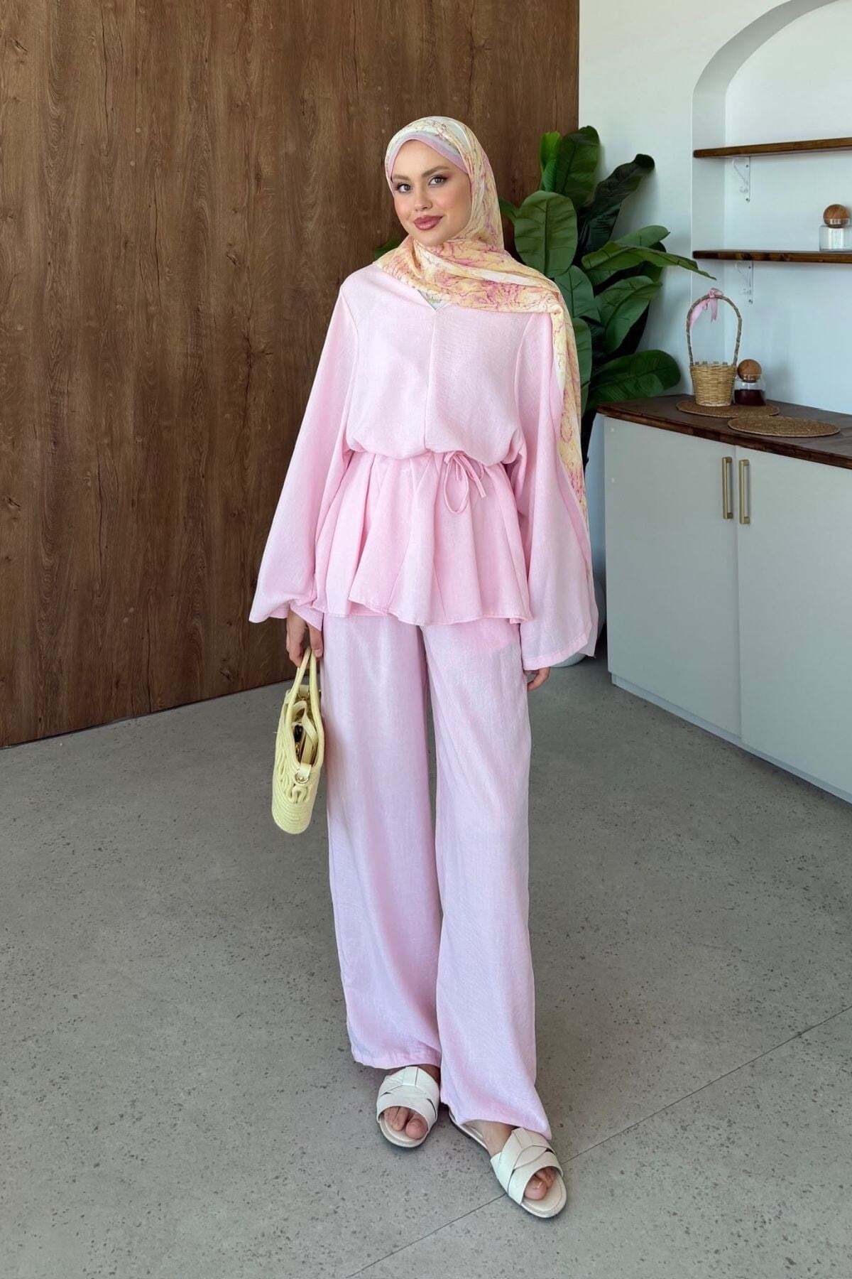 Hazamoda Valide V-Neck Linen Suit Pink