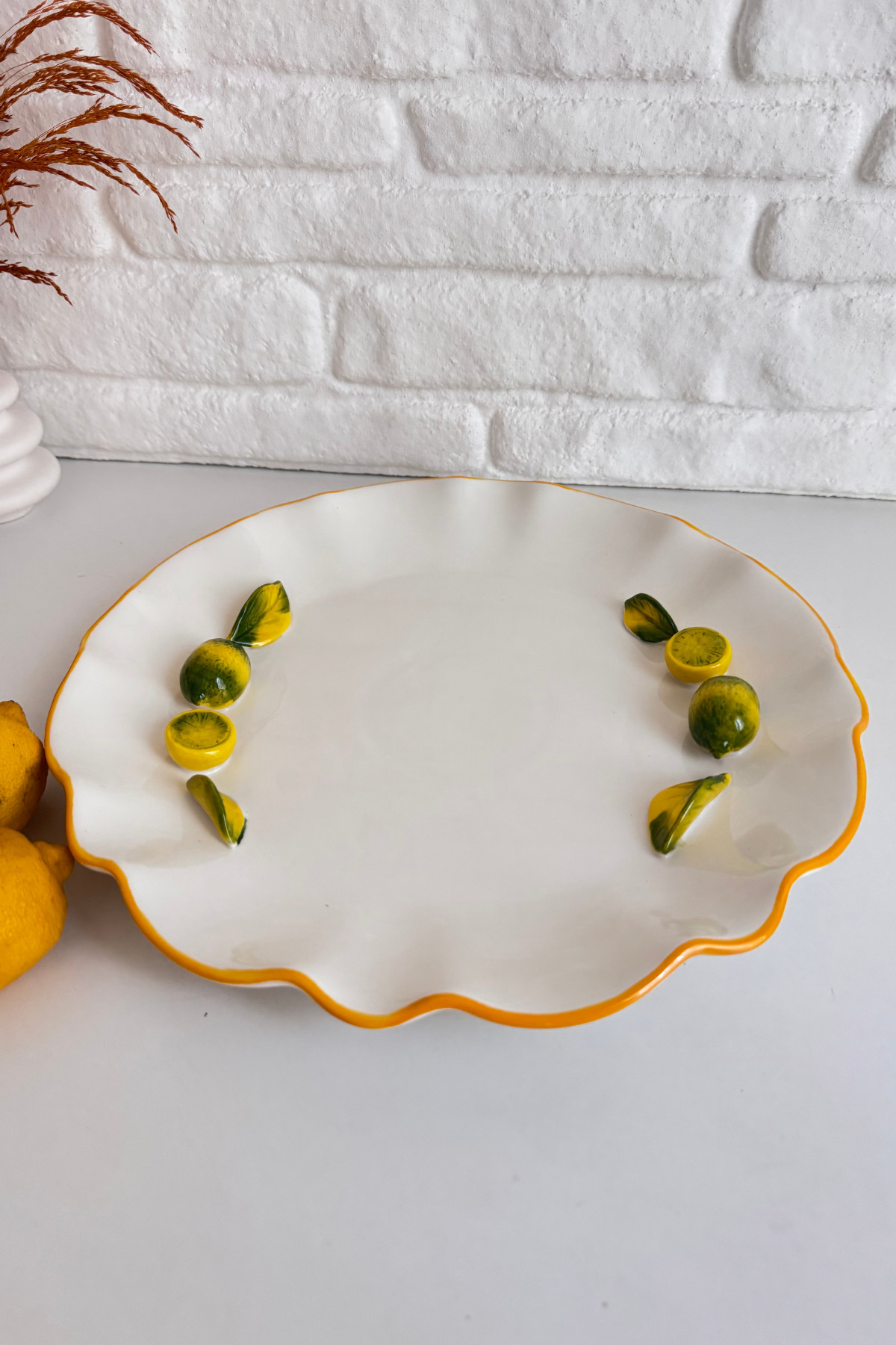 Porselen El Yapımı Limon Desenli Dekoratif Servis Sunum Salata Tabağı