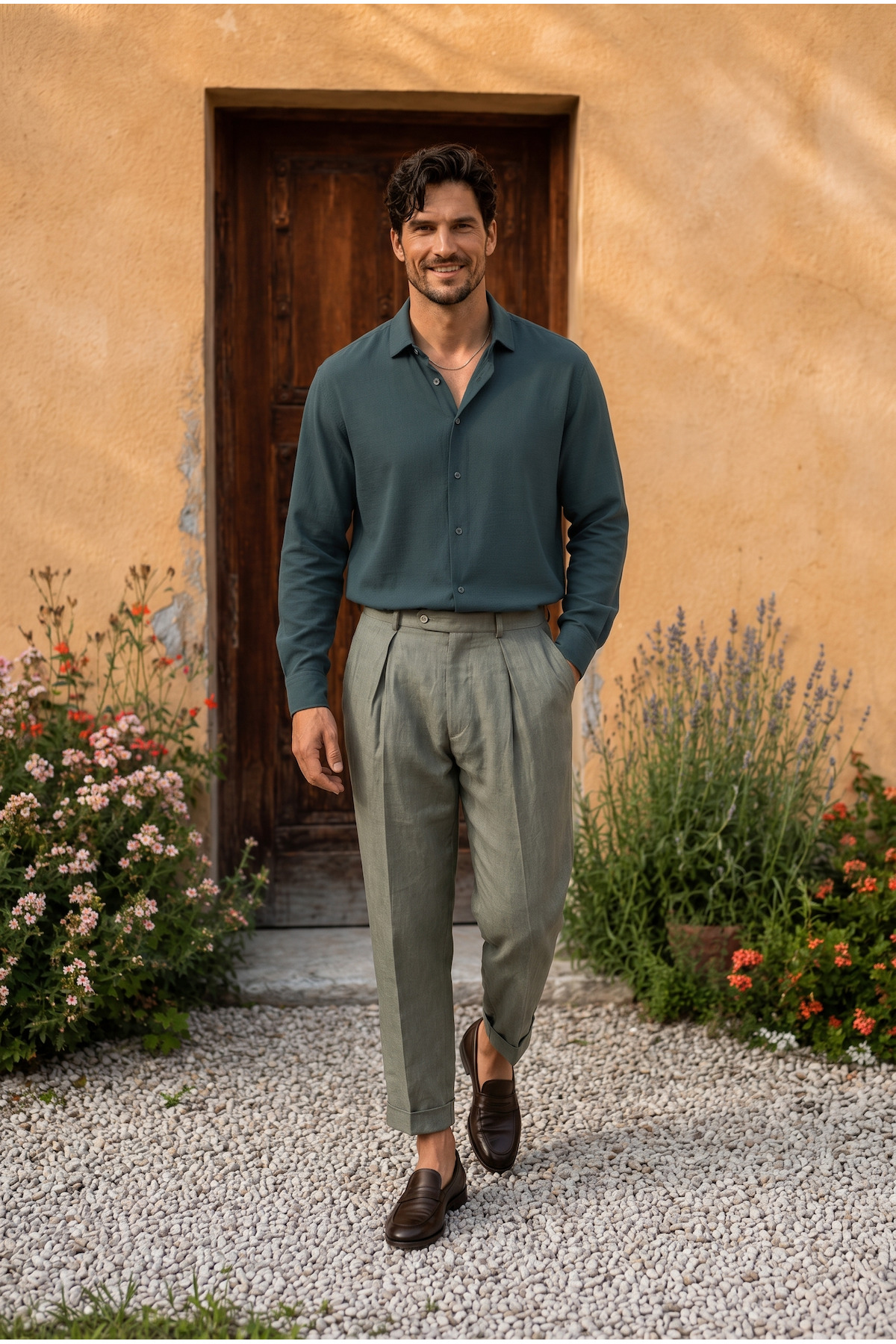 Pera Fabric Linen Look Half Oversize Long Sleeve Men's Shirt - Dark Green