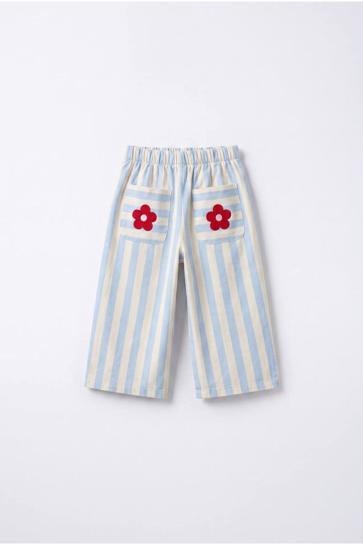 Leni Kids Girl's Blue Striped Floral Embroidered Trousers